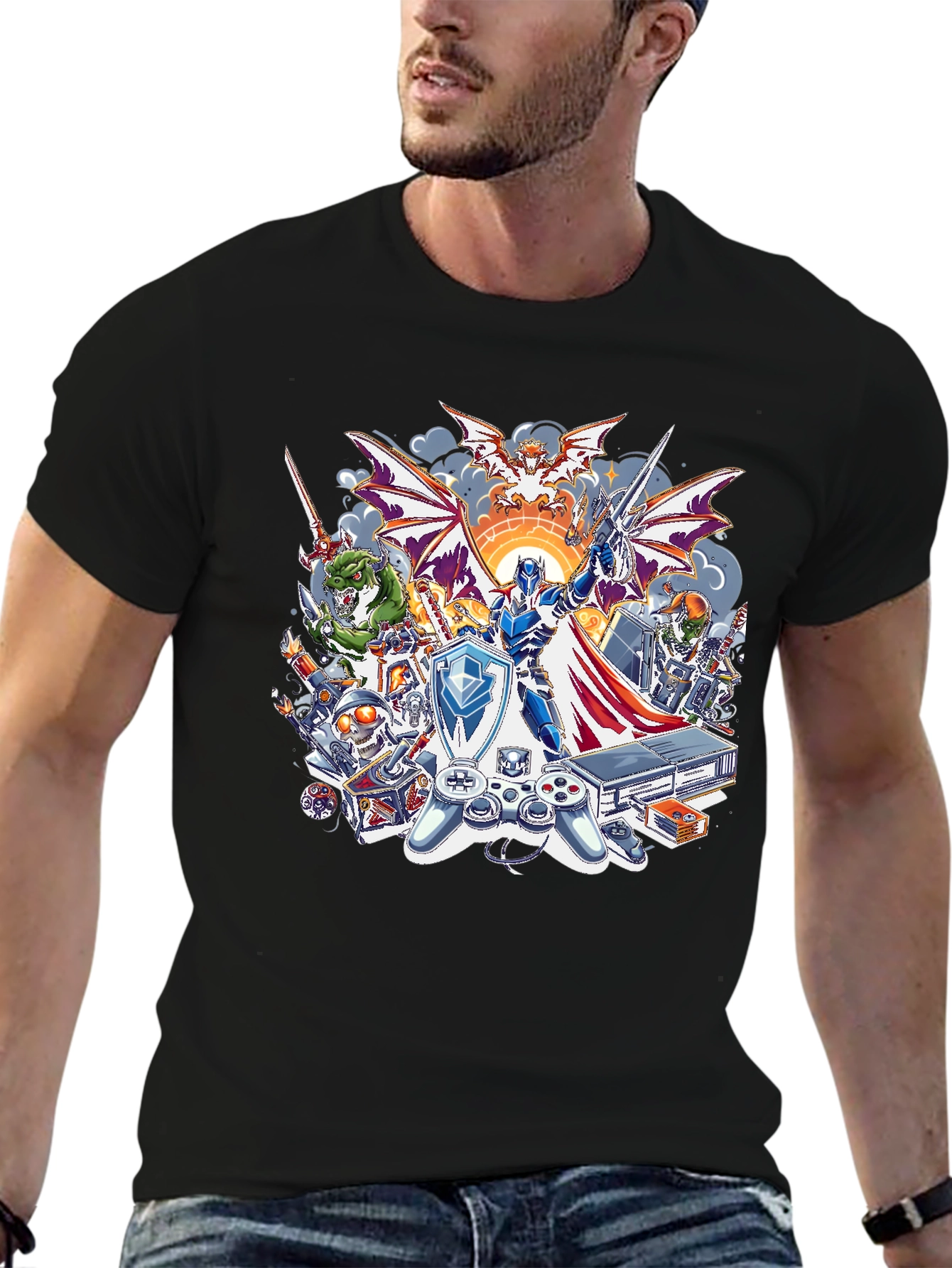 Retro Gaming T-Shirt - Knight & Console Design