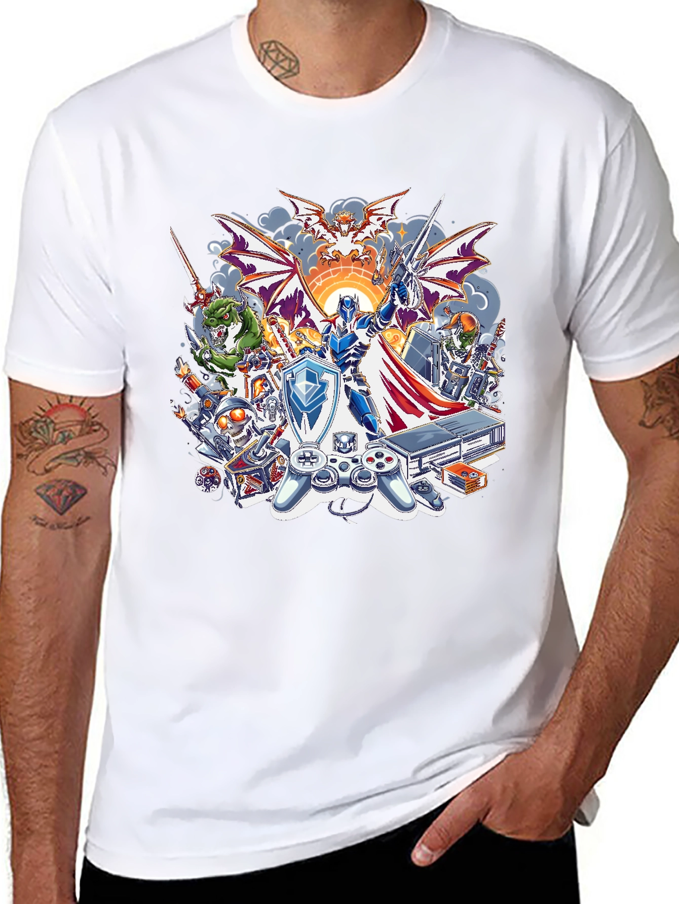 Retro Gaming T-Shirt - Knight & Console Design