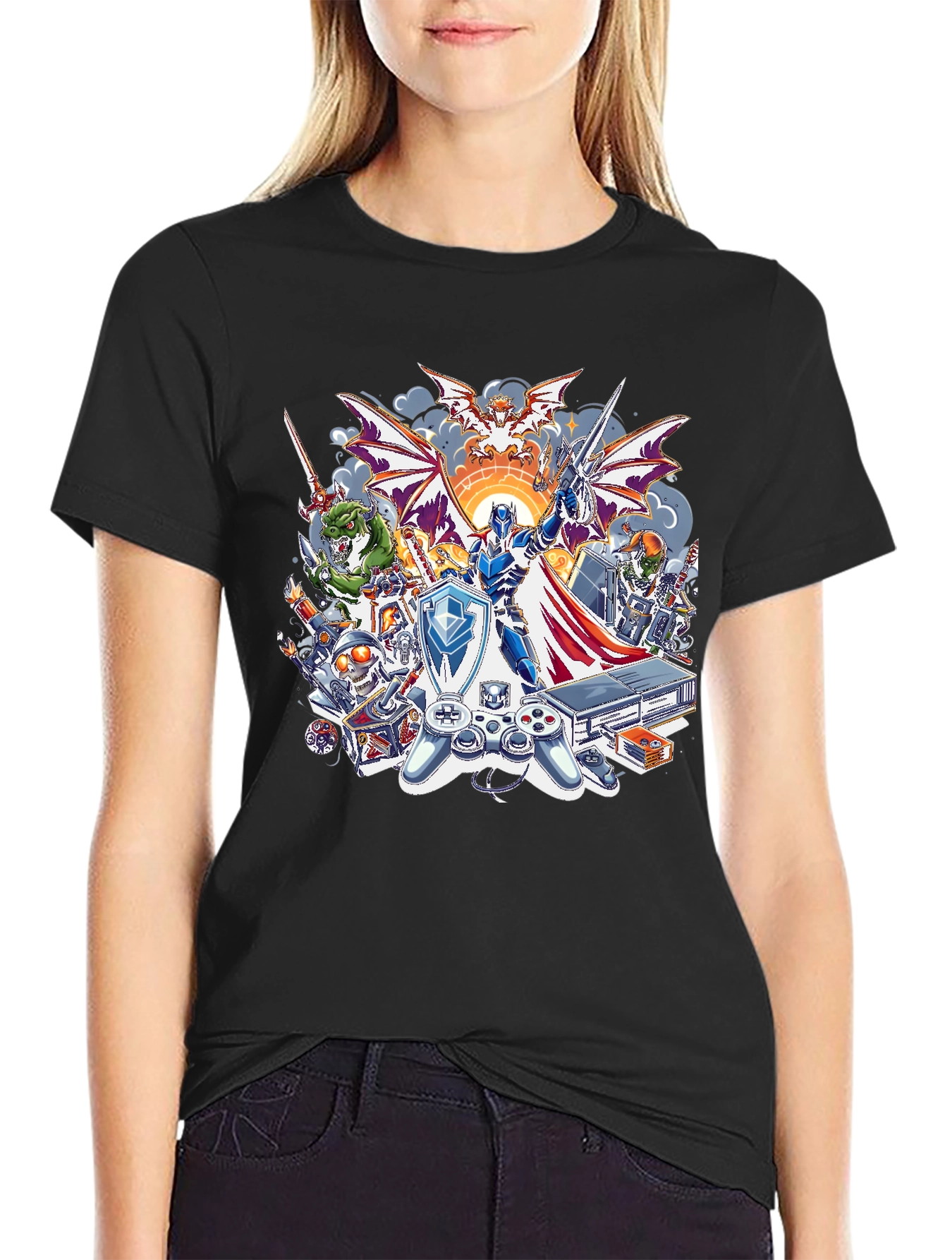 Retro Gaming T-Shirt - Knight & Console Design