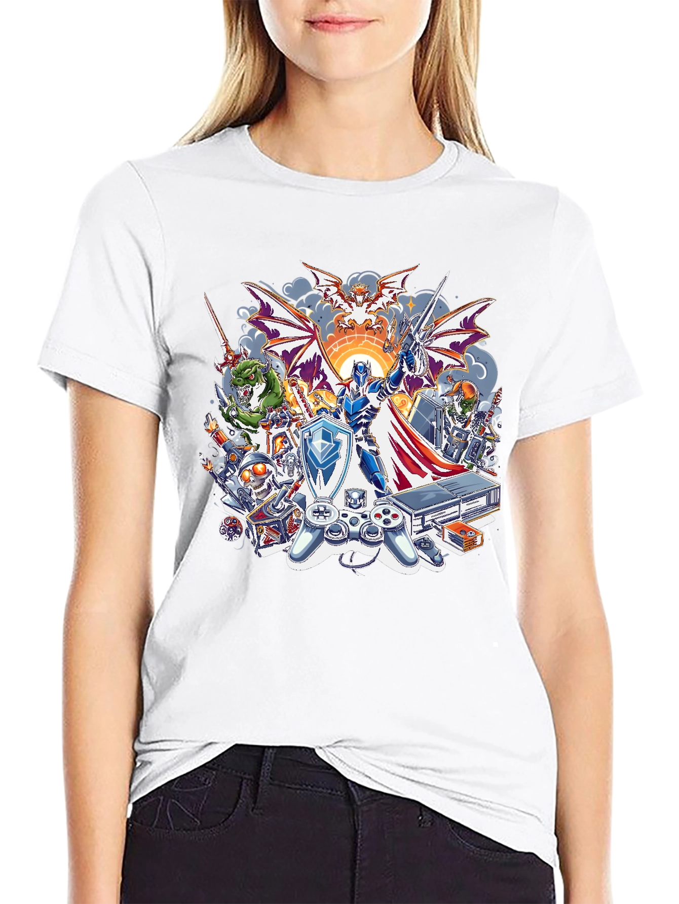 Retro Gaming T-Shirt - Knight & Console Design