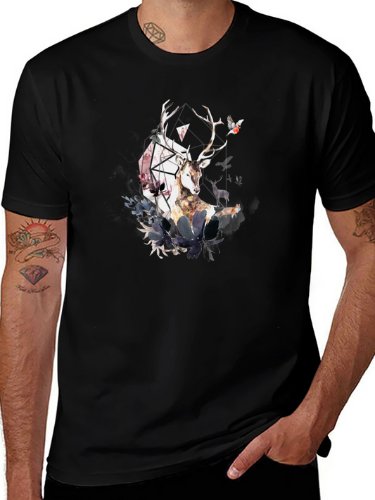 Watercolor Deer Graphic Black T-Shirt