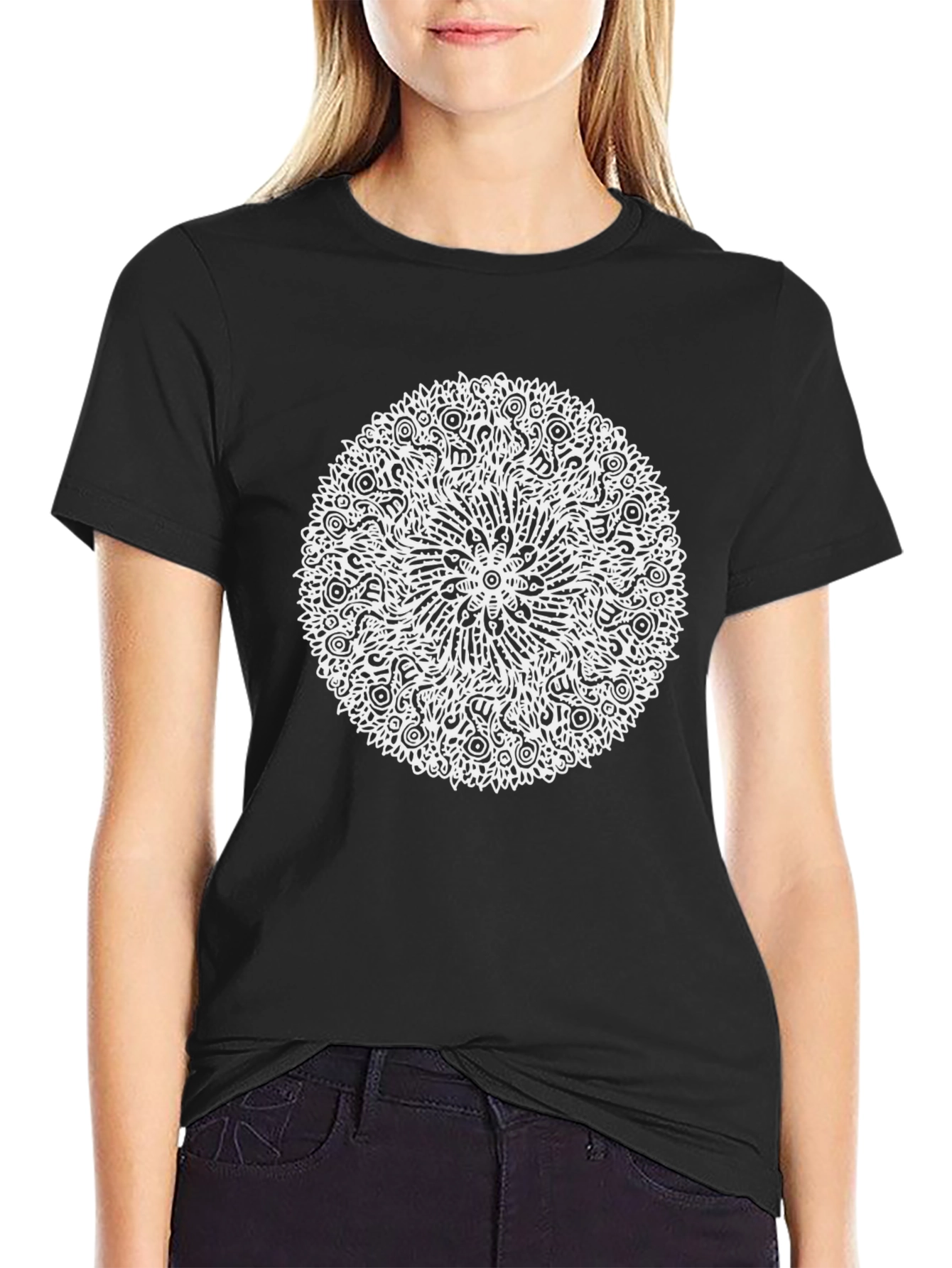 Abstract Mandala Graphic Tee - Black Cotton T-Shirt