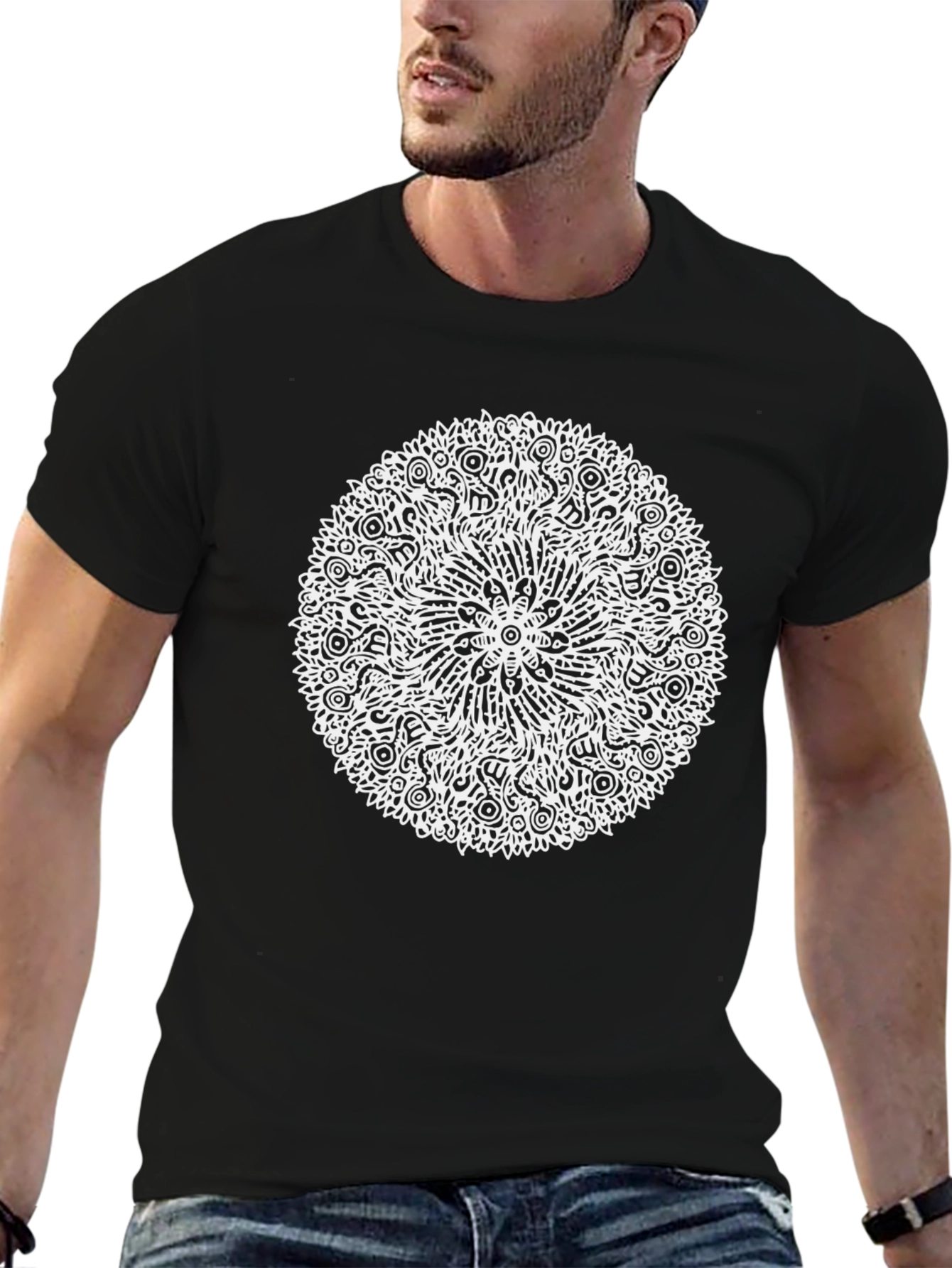 Abstract Mandala Graphic Tee - Black Cotton T-Shirt