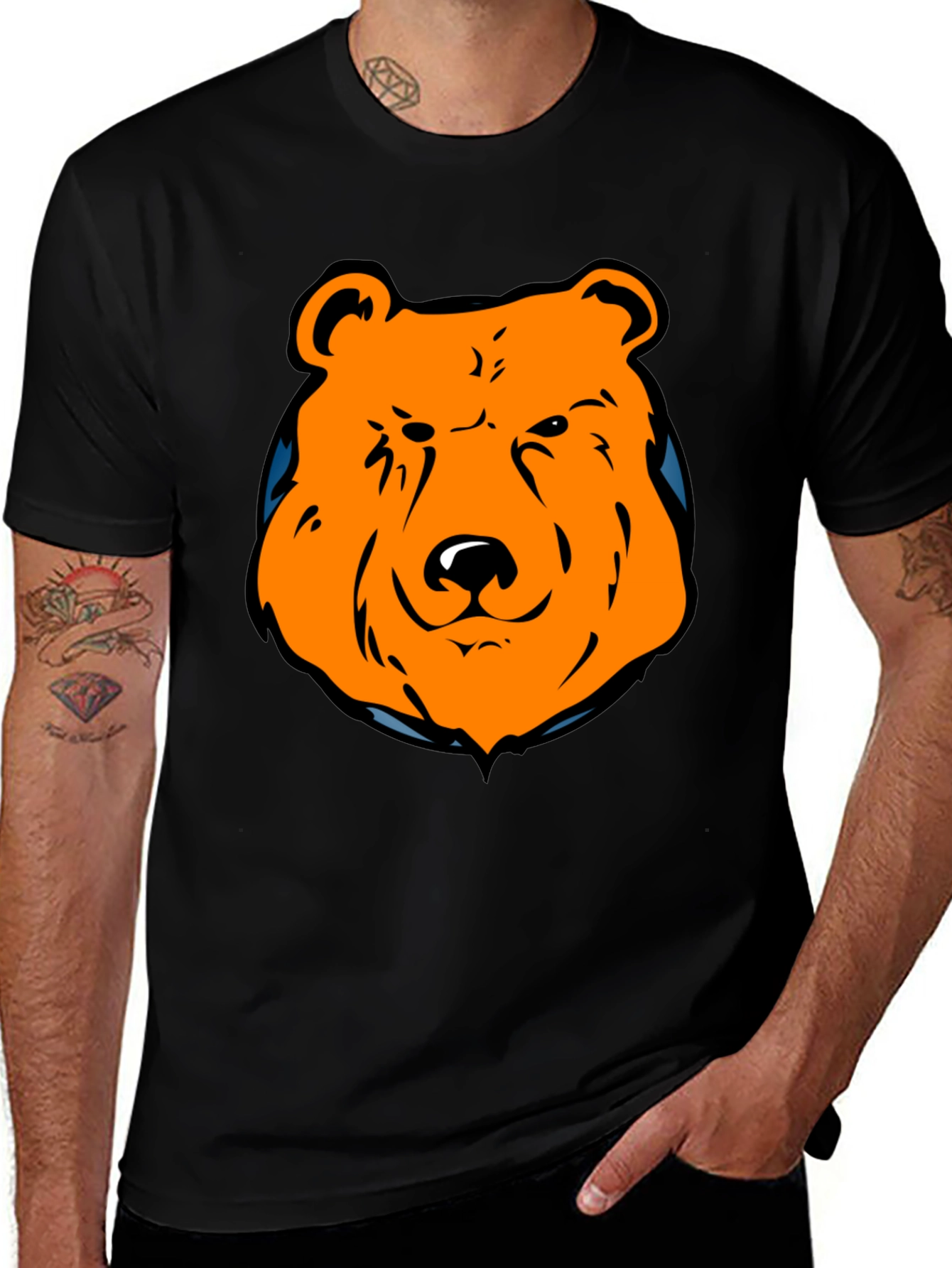 Orange Bear Graphic Black T-Shirt