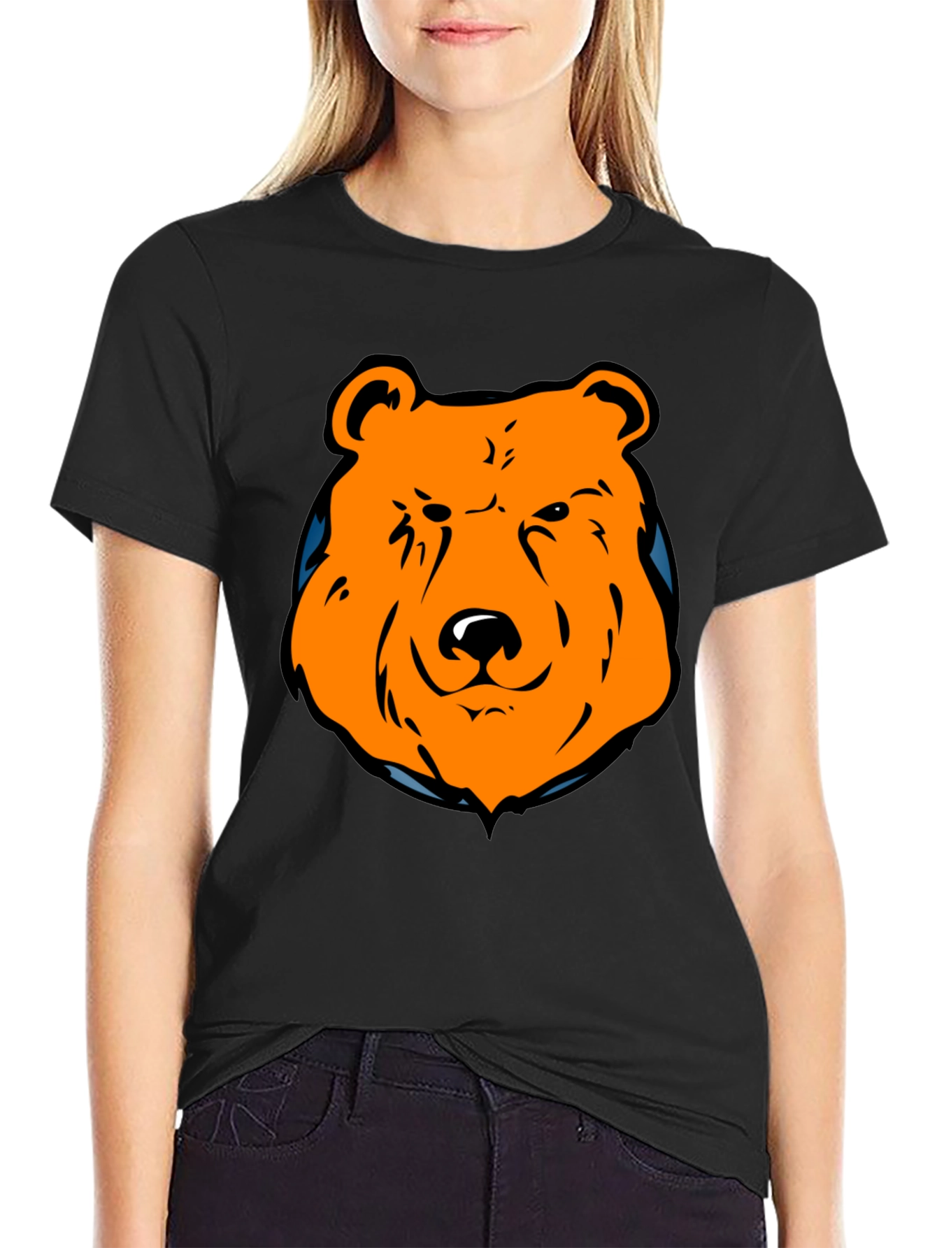 Orange Bear Graphic Black T-Shirt