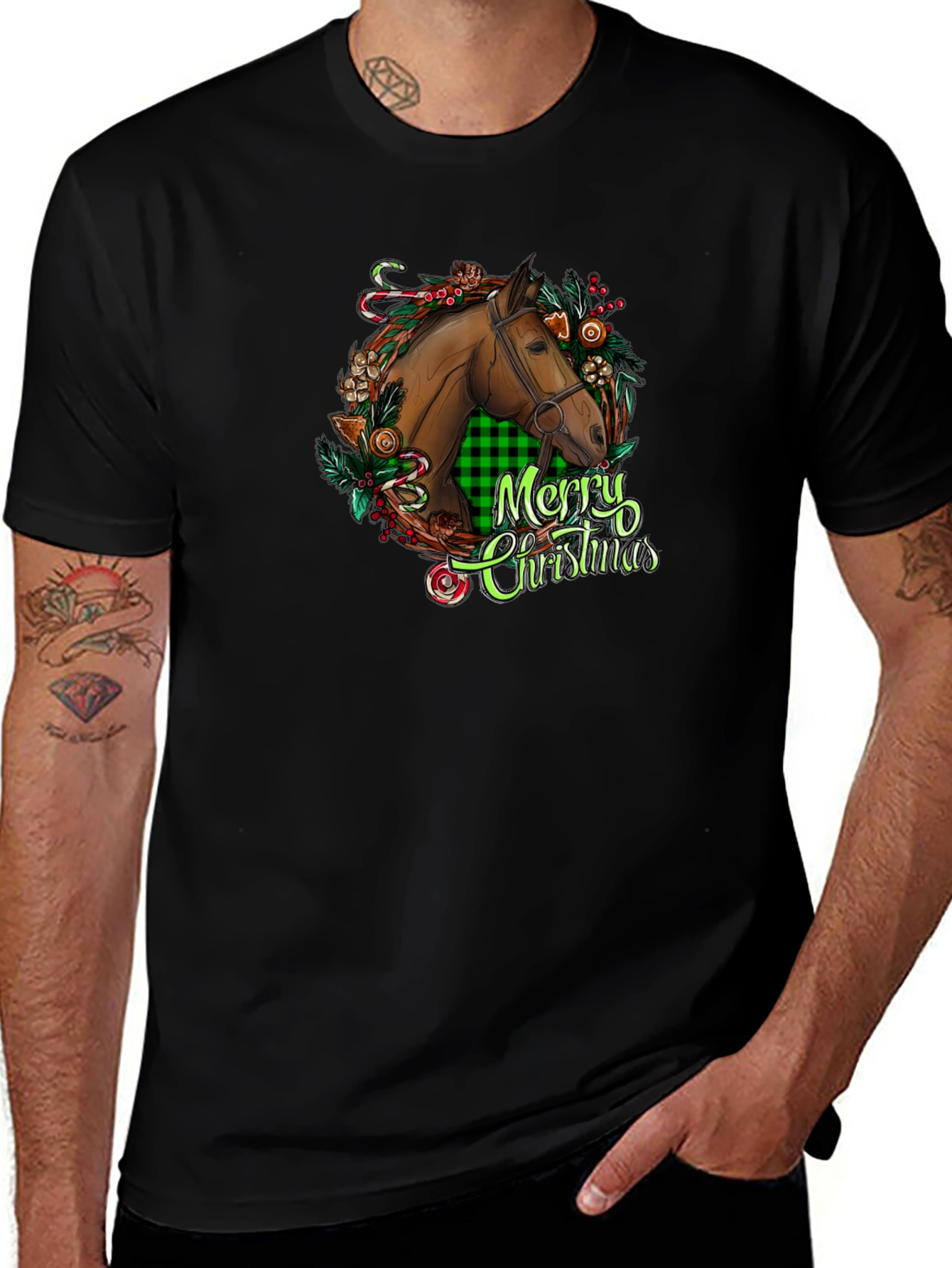 Christmas Horse Head Graphic Tee - Holiday Gift