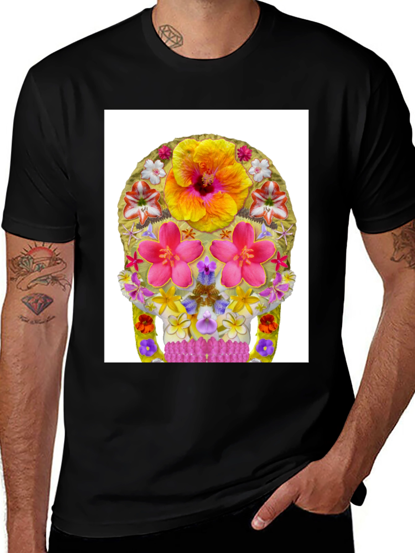 Floral Skull Graphic Tee - Mens Black T-Shirt