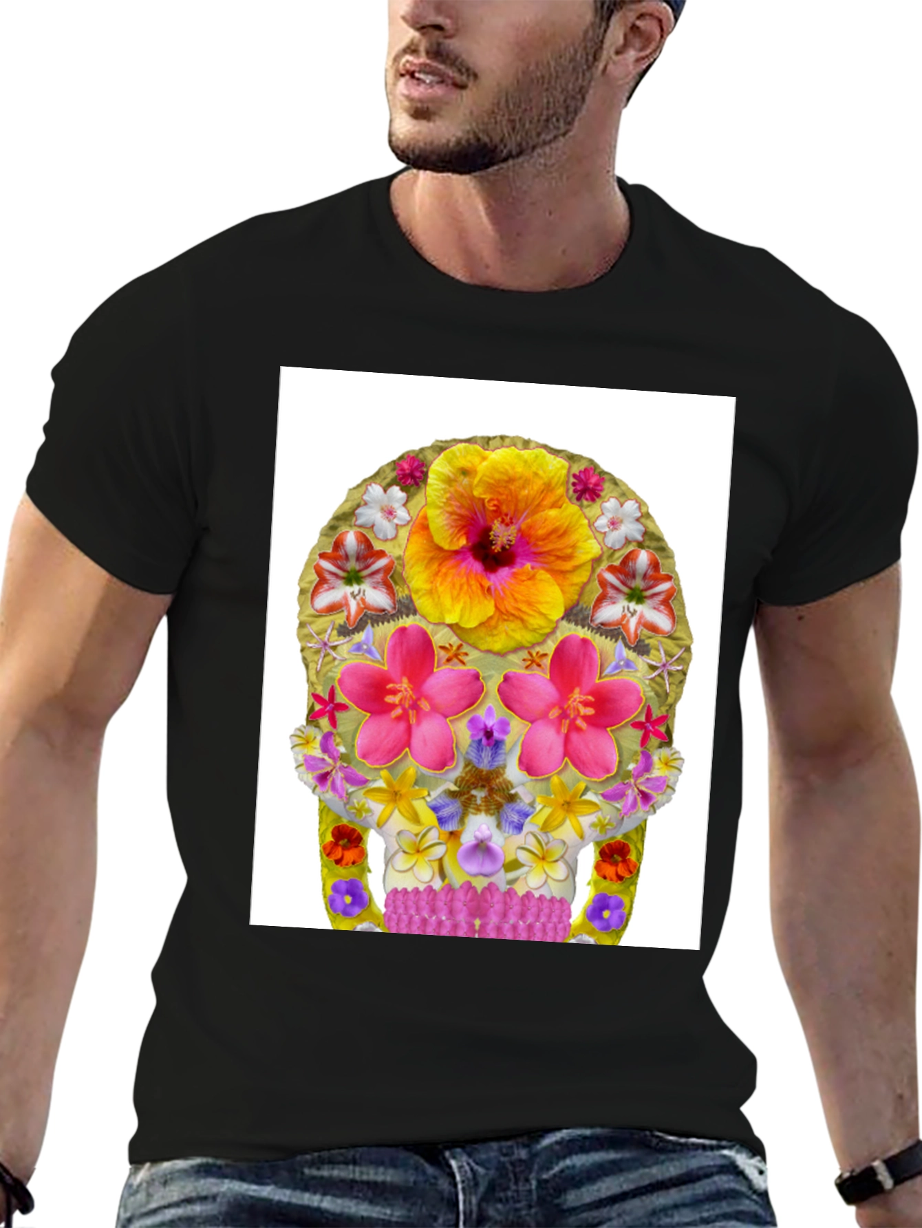 Floral Skull Graphic Tee - Mens Black T-Shirt