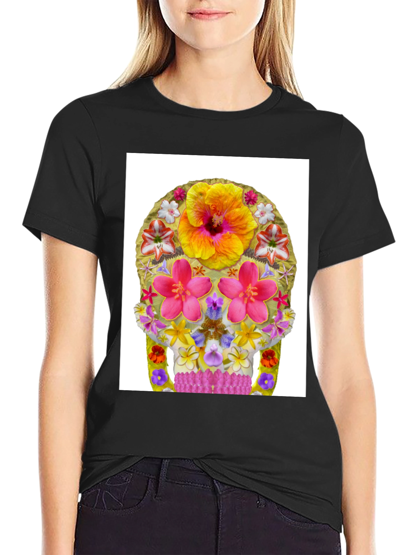 Floral Skull Graphic Tee - Mens Black T-Shirt