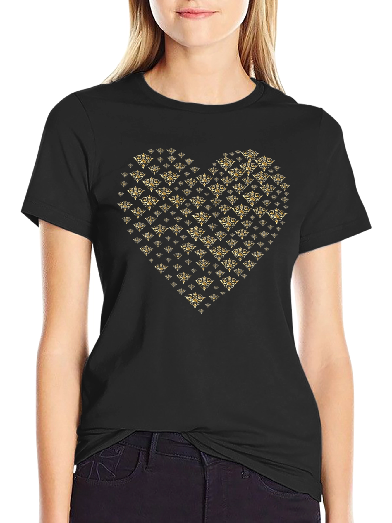 Gold Heart Print Black T-Shirt