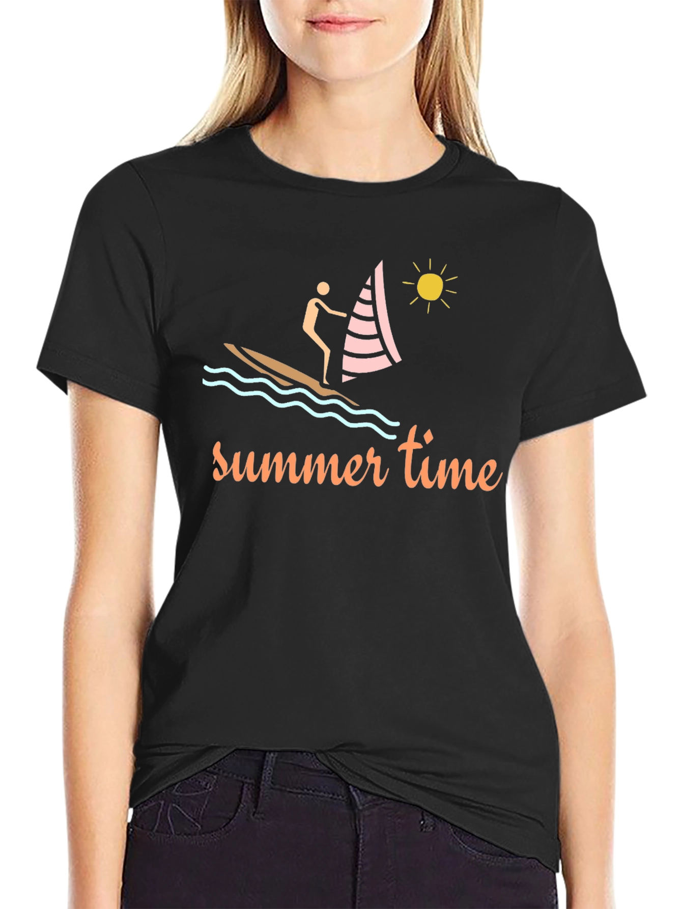Summer Time Black T-Shirt with Sailboat Design