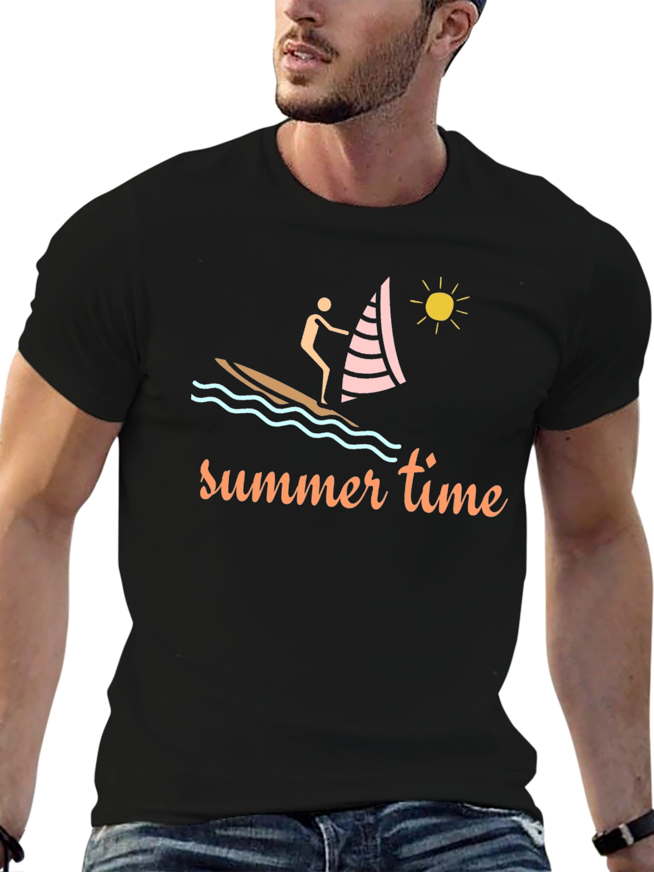 Summer Time Black T-Shirt with Sailboat Design