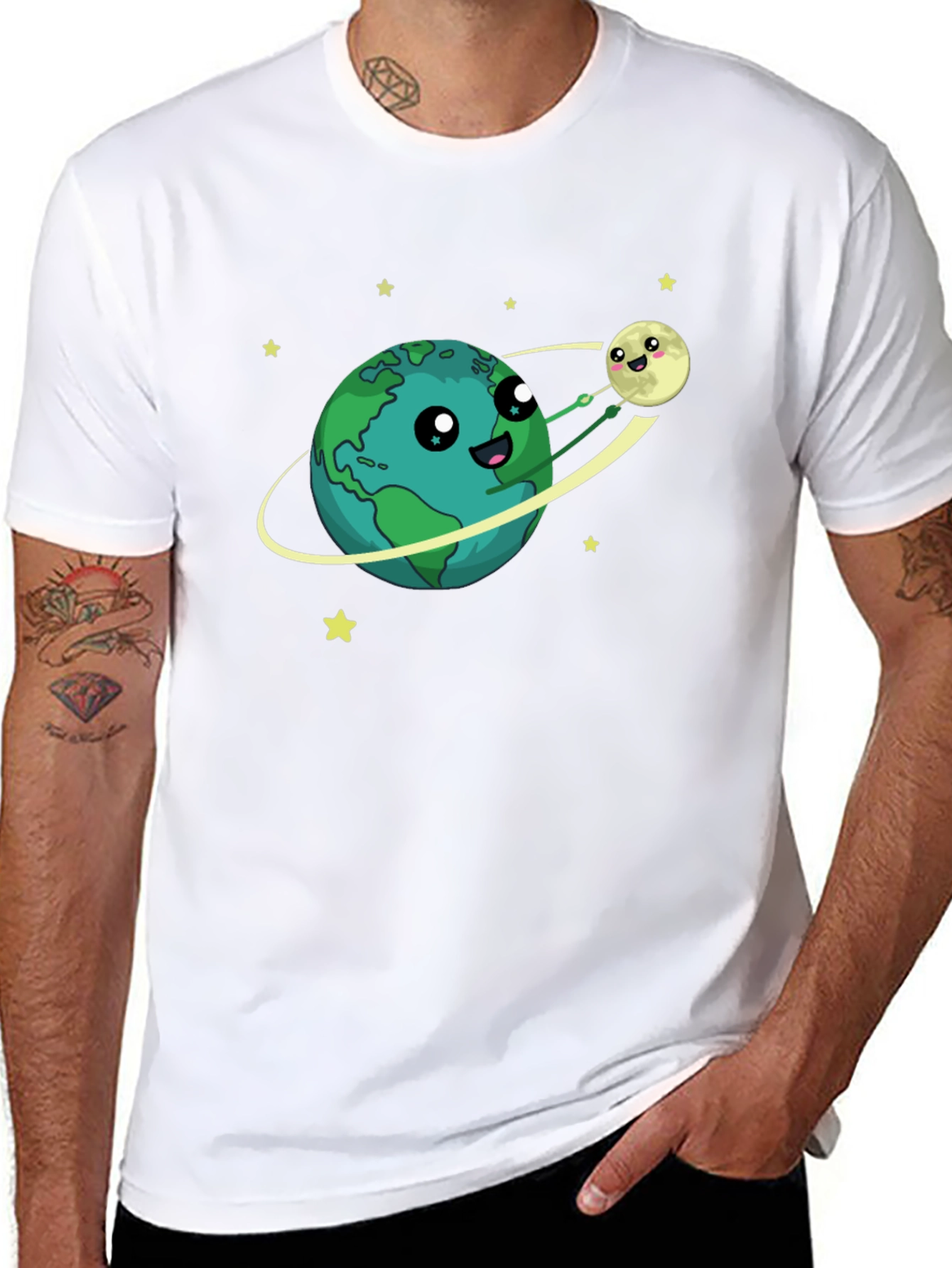 Earth & Moon Cartoon Graphic Black T-Shirt