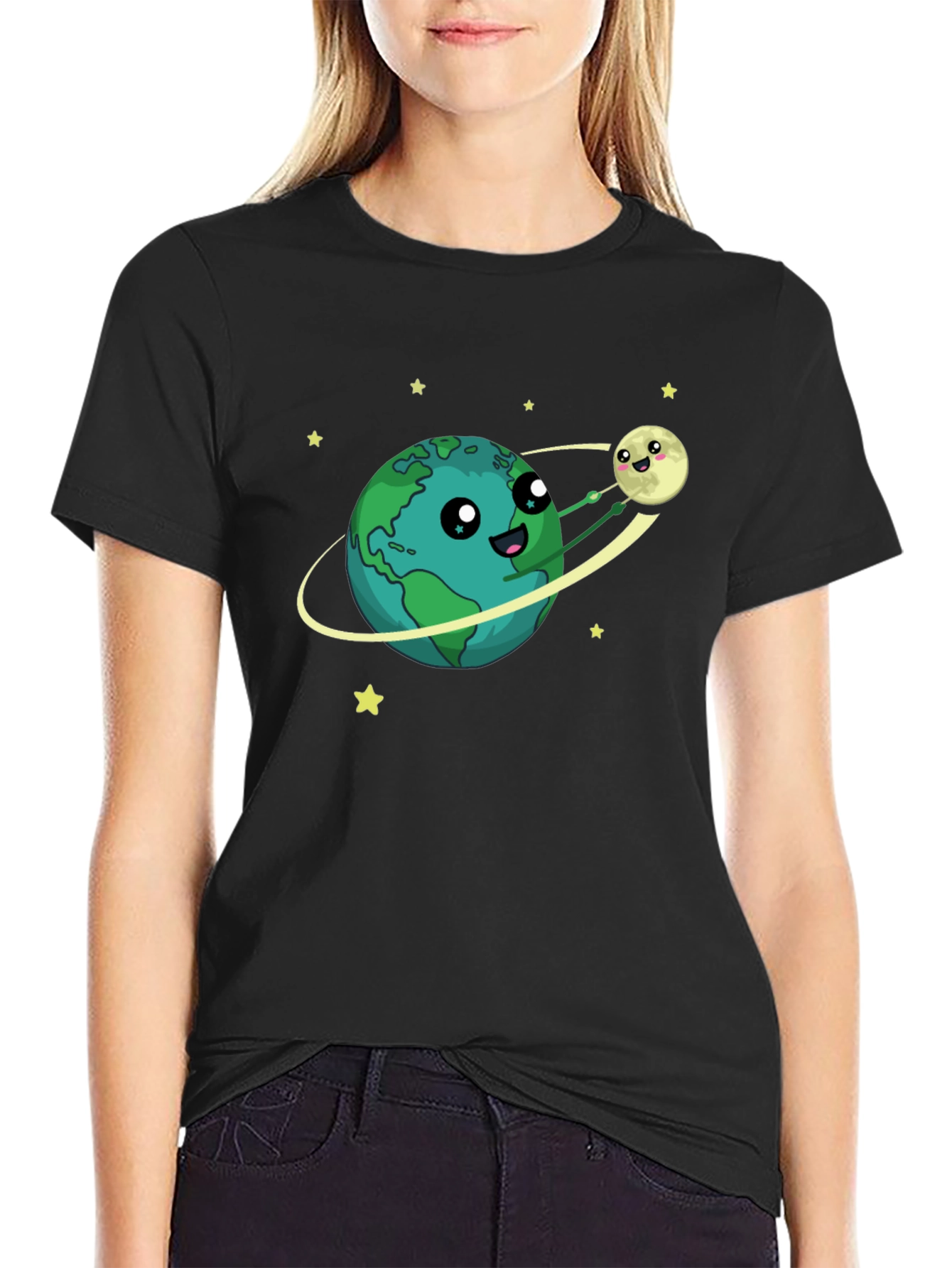 Earth & Moon Cartoon Graphic Black T-Shirt