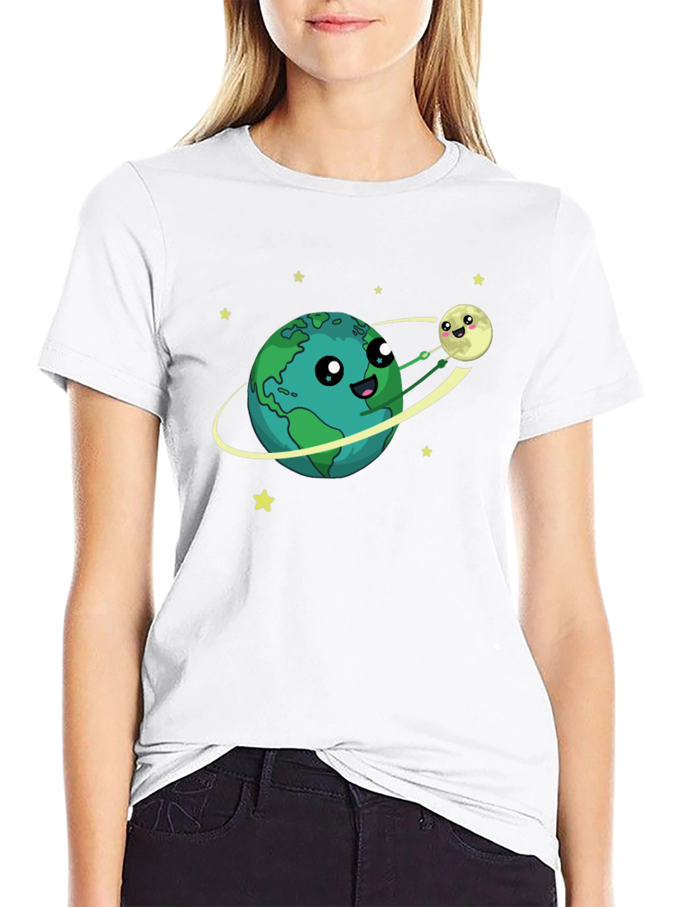 Earth & Moon Cartoon Graphic Black T-Shirt