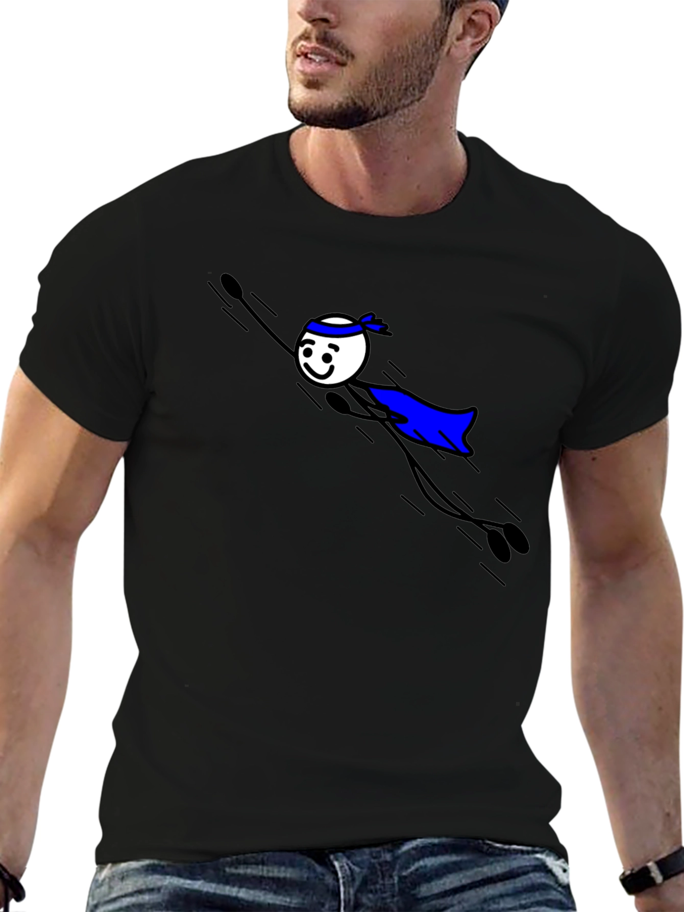 Black T-Shirt with Superhero Stick Figure Graphic