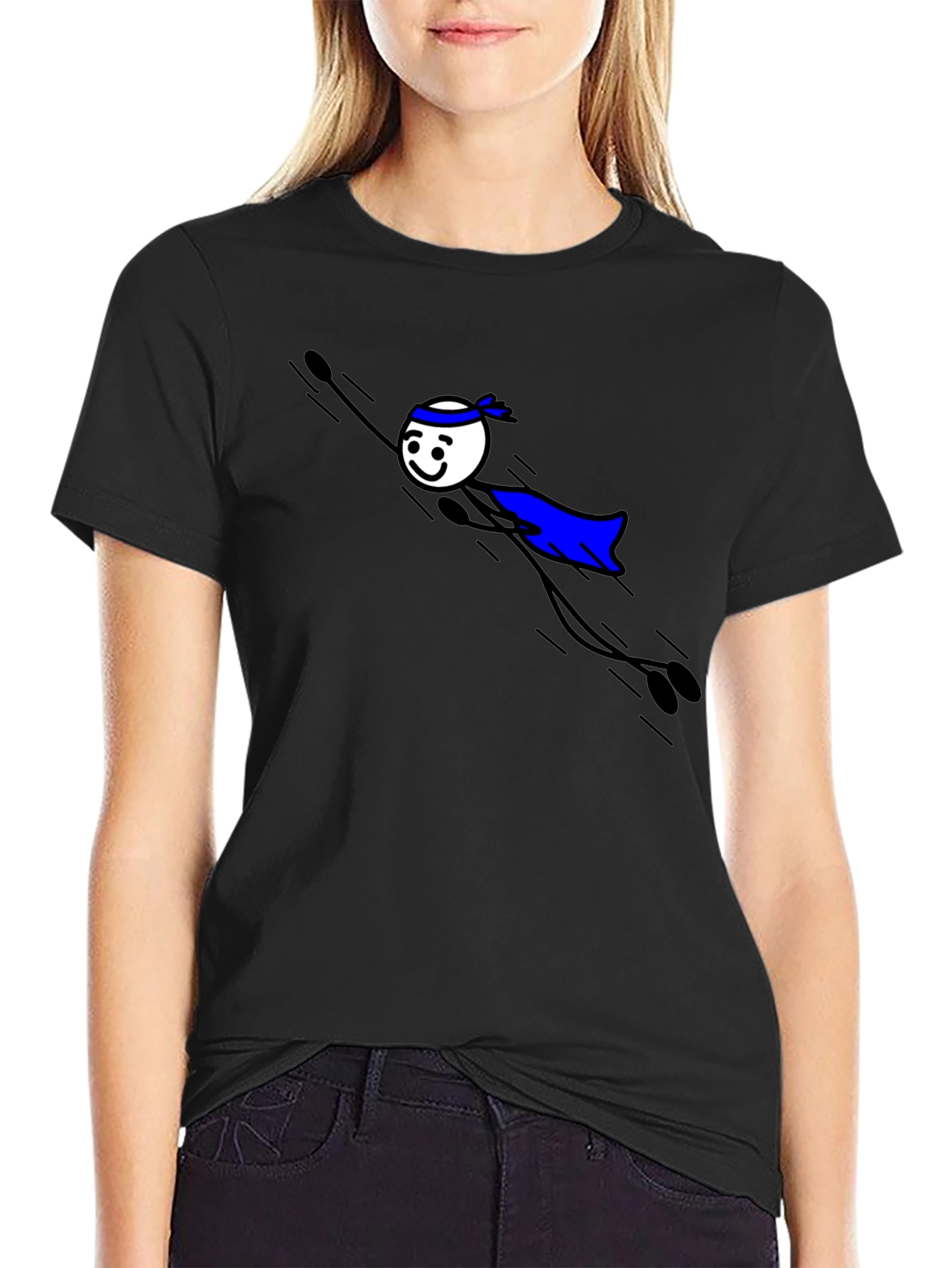 Black T-Shirt with Superhero Stick Figure Graphic
