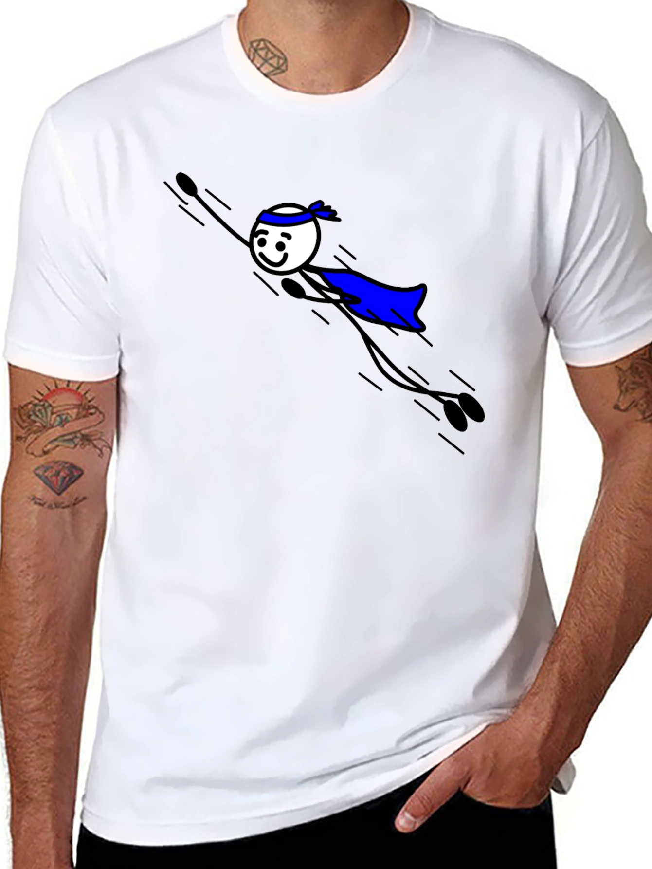 Black T-Shirt with Superhero Stick Figure Graphic