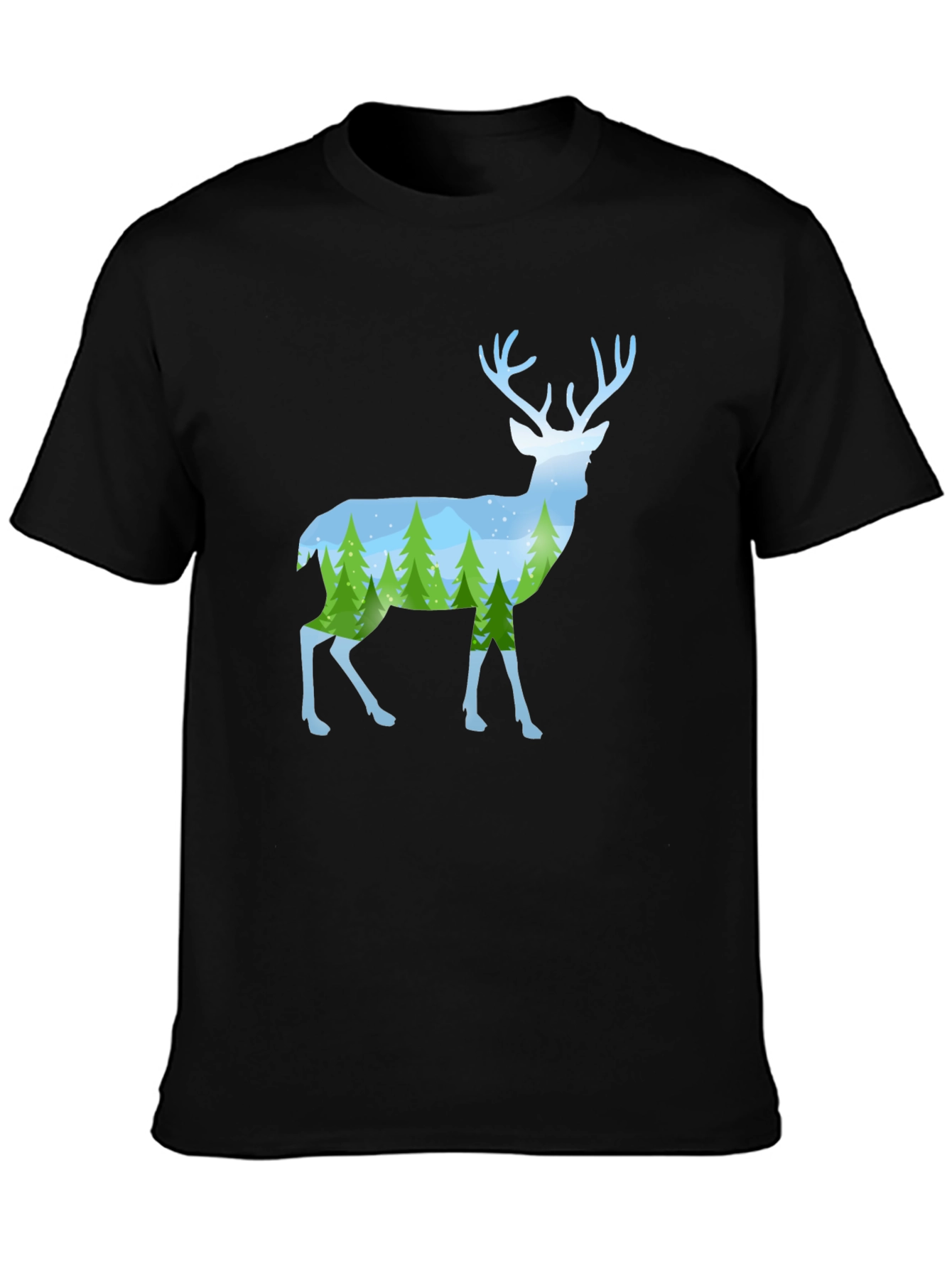 Deer Silhouette Forest Scene Graphic Tee - Black