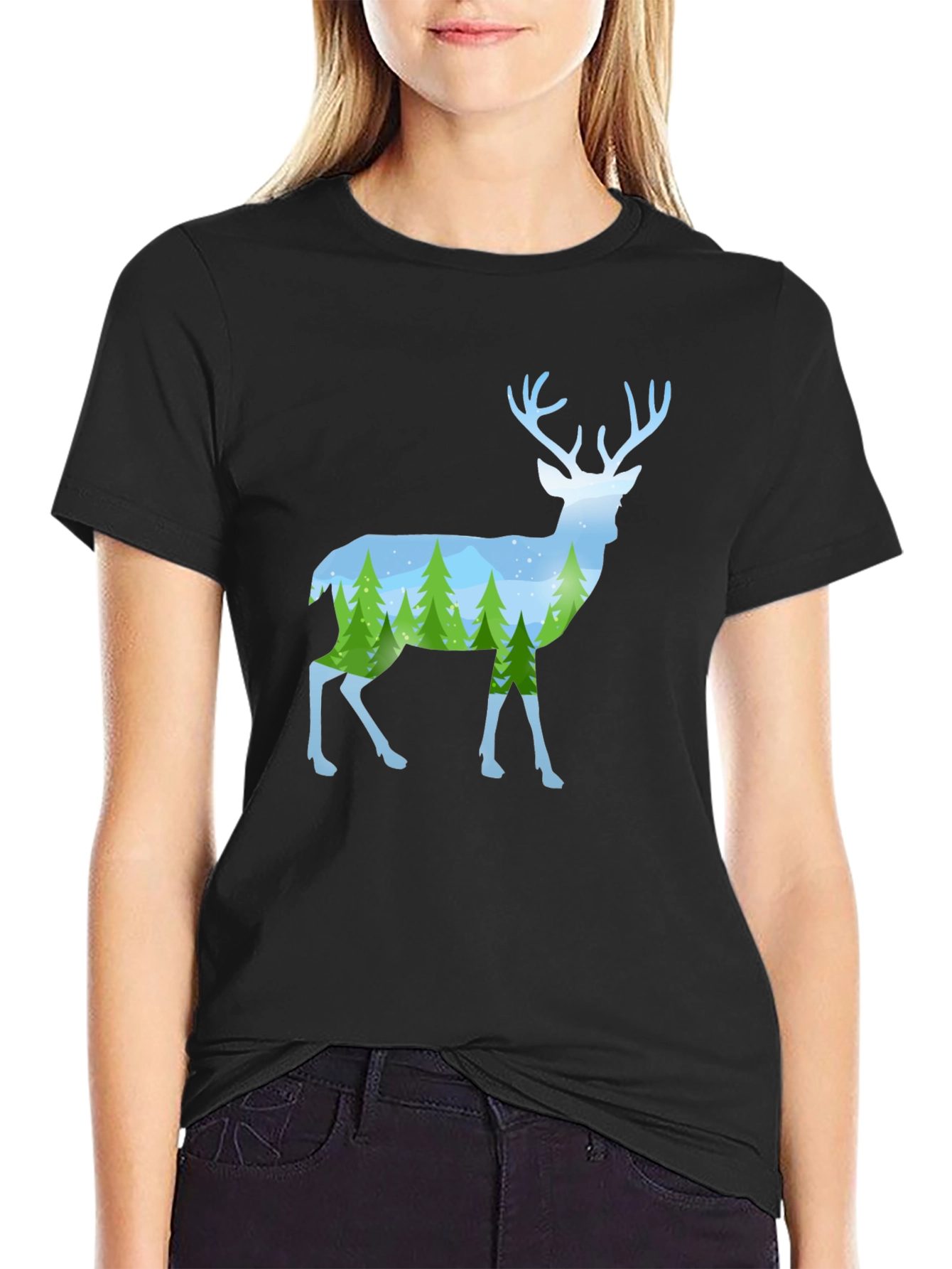 Deer Silhouette Forest Scene Graphic Tee - Black