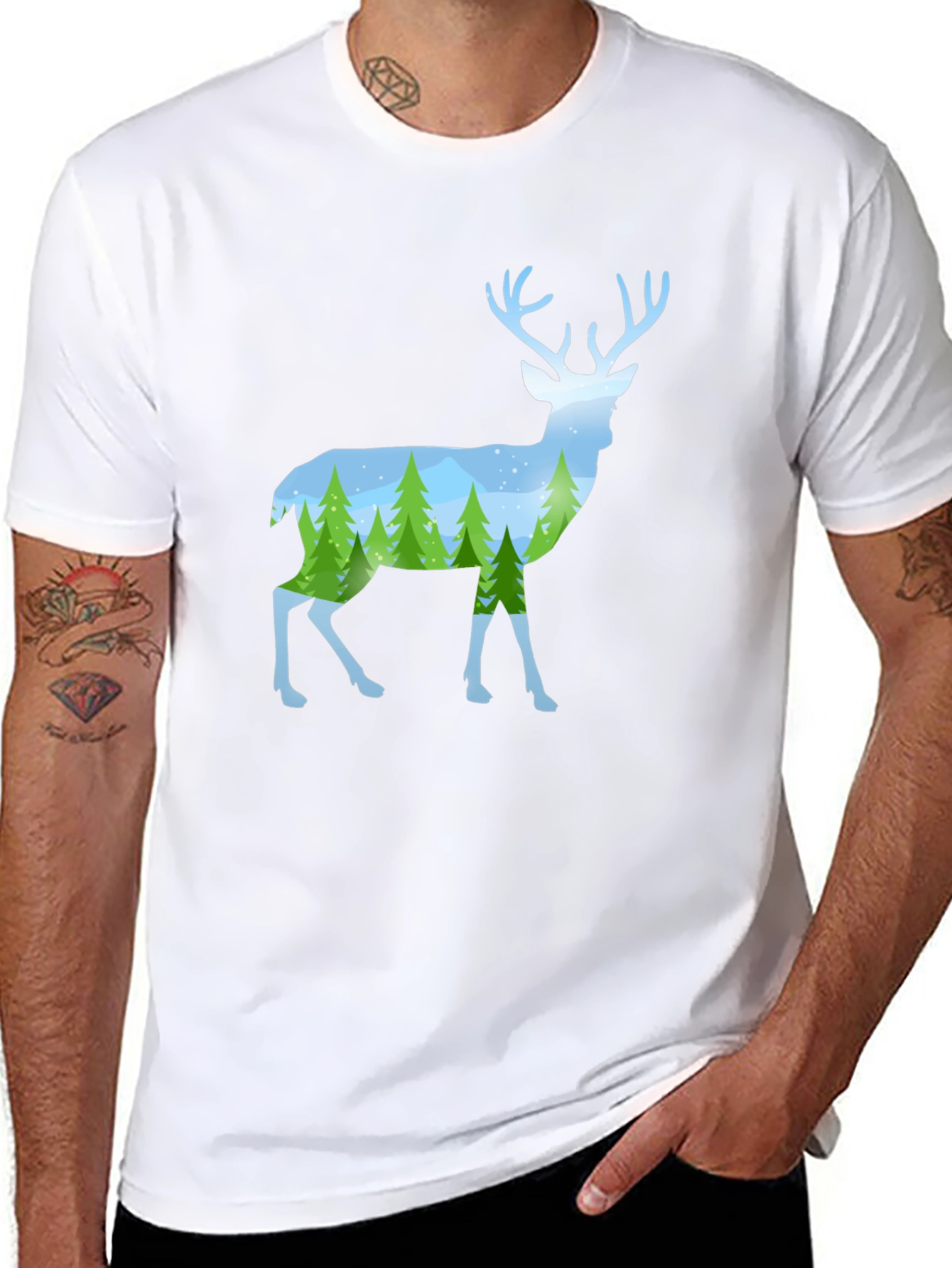 Deer Silhouette Forest Scene Graphic Tee - Black