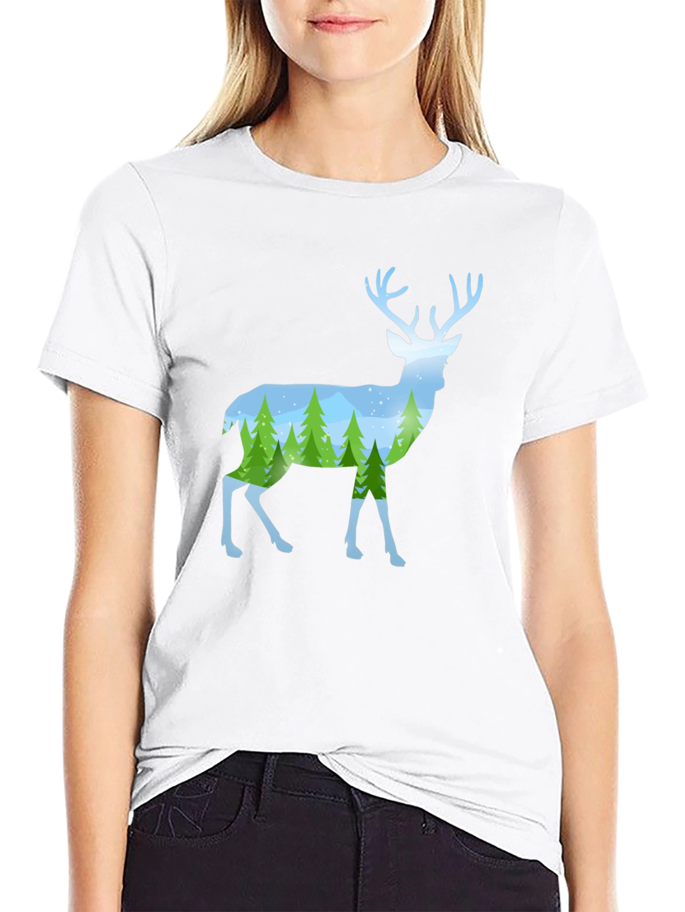 Deer Silhouette Forest Scene Graphic Tee - Black