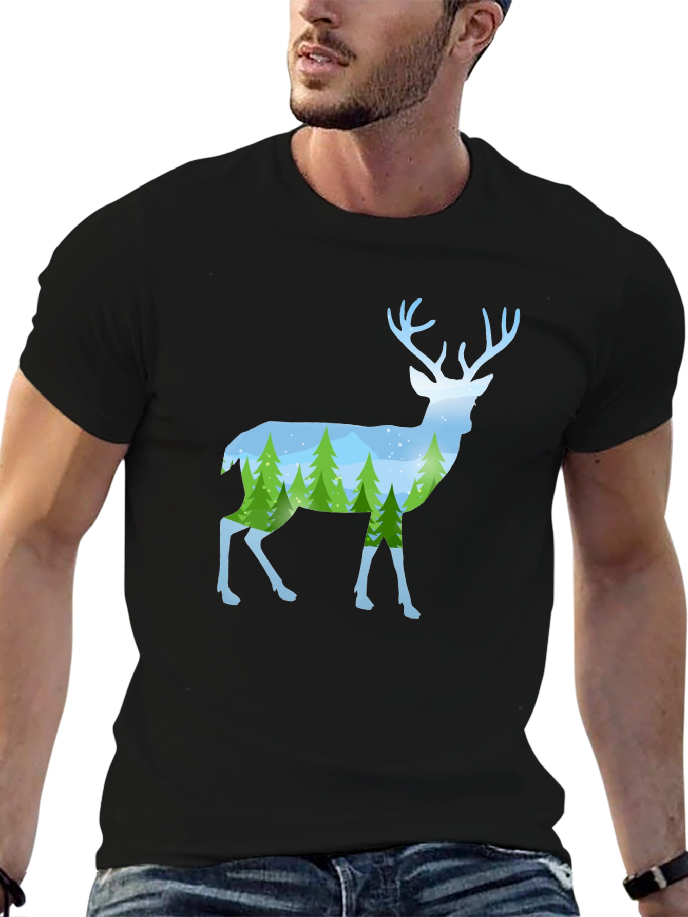 Deer Silhouette Forest Scene Graphic Tee - Black