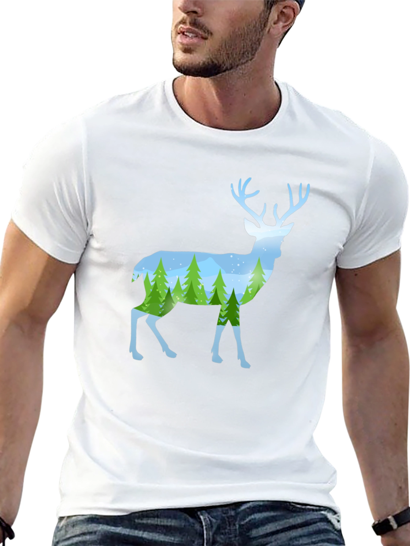 Deer Silhouette Forest Scene Graphic Tee - Black