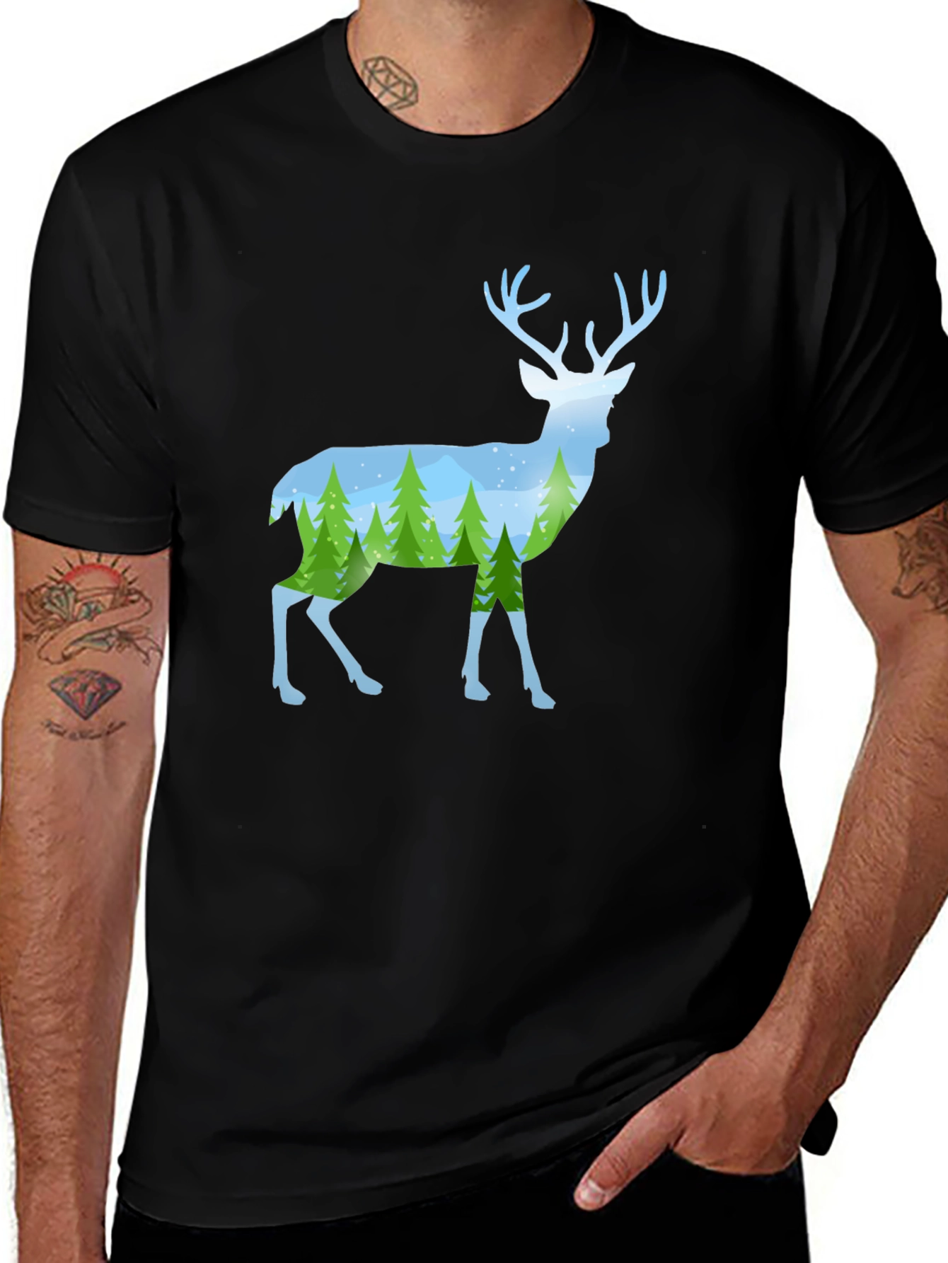 Deer Silhouette Forest Scene Graphic Tee - Black