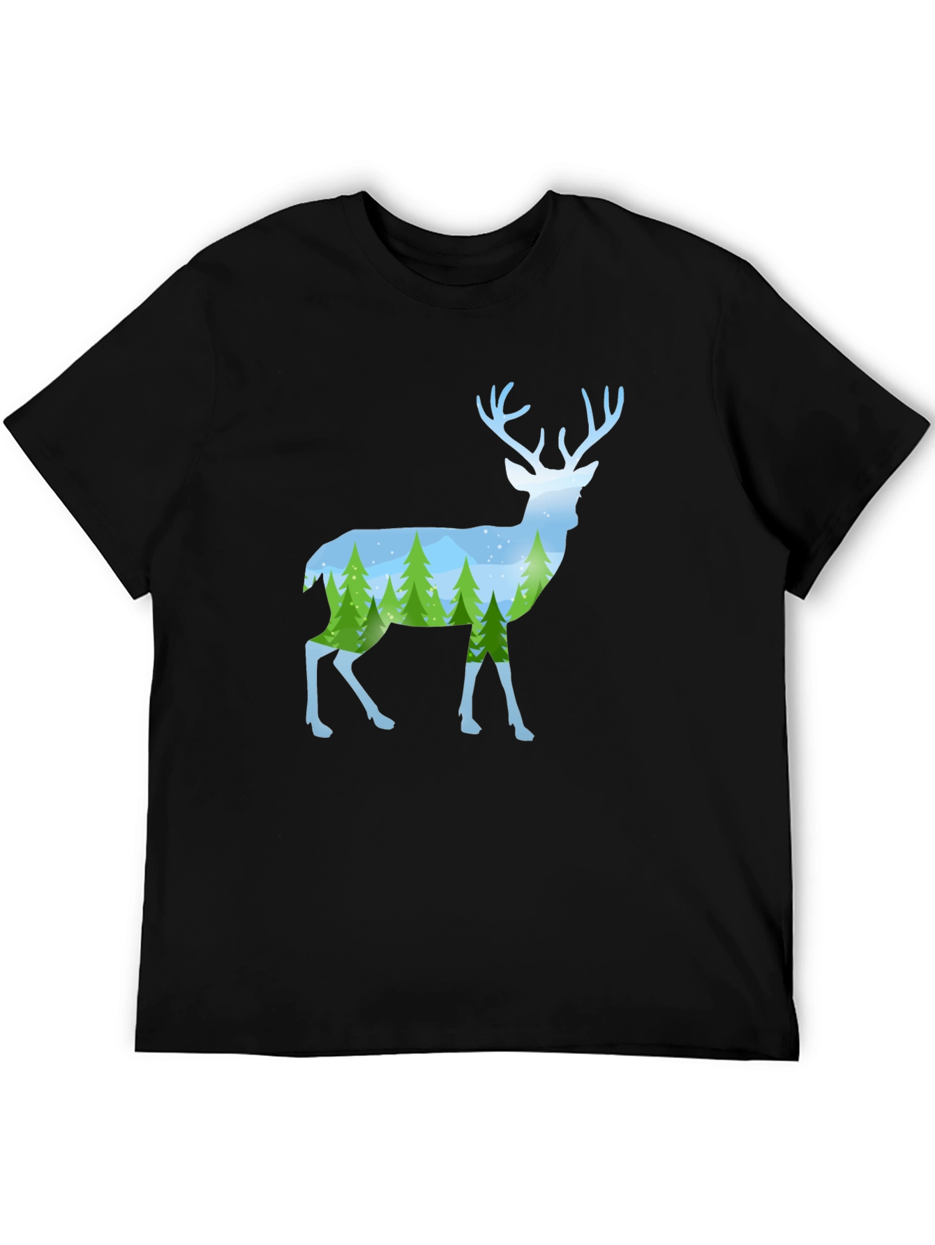 Deer Silhouette Forest Scene Graphic Tee - Black