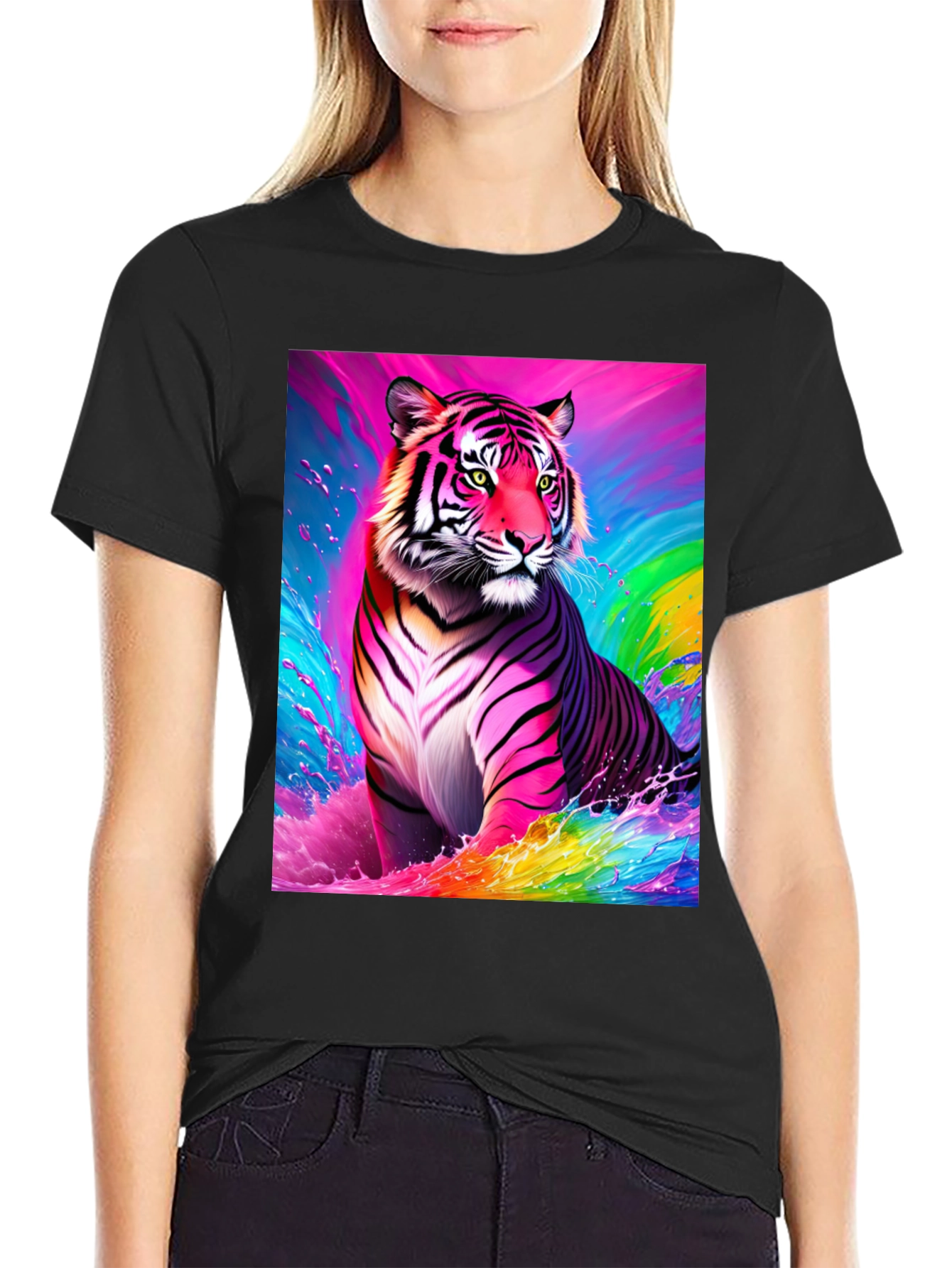Rainbow Tiger Graphic Tee - Bold Black T-Shirt