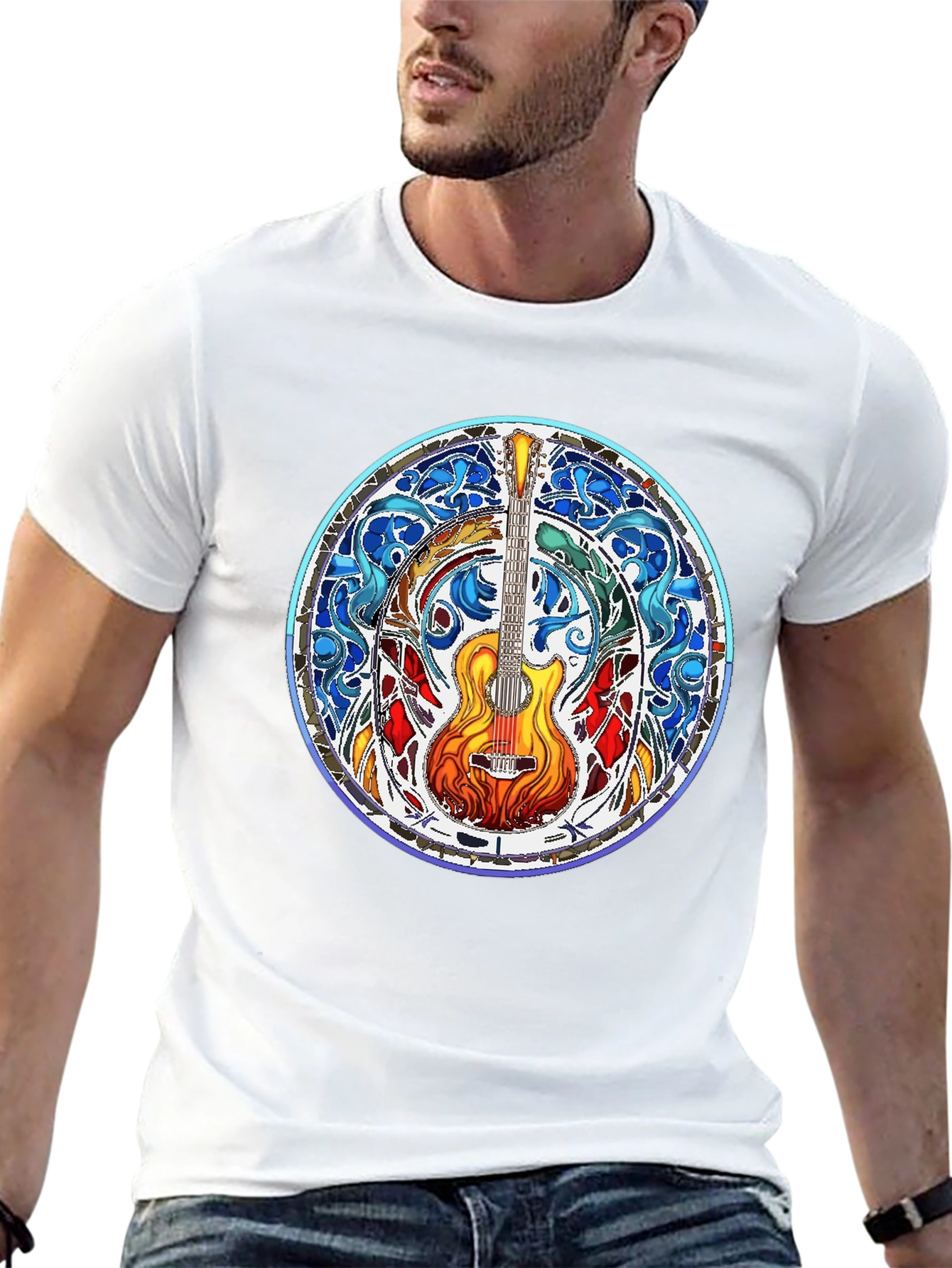 Stained Glass Guitar Tee - Musical Art Shirt