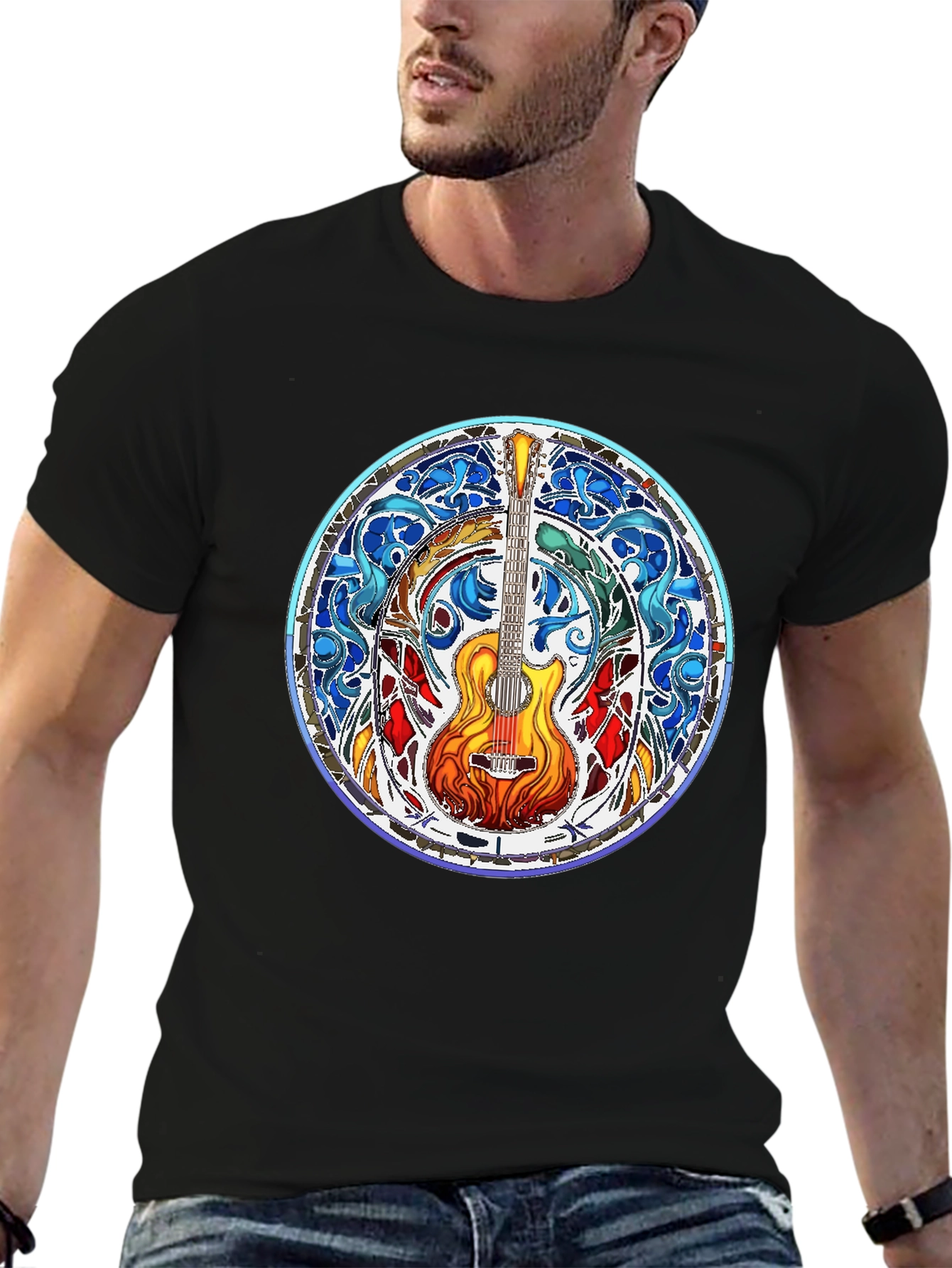 Stained Glass Guitar Tee - Musical Art Shirt