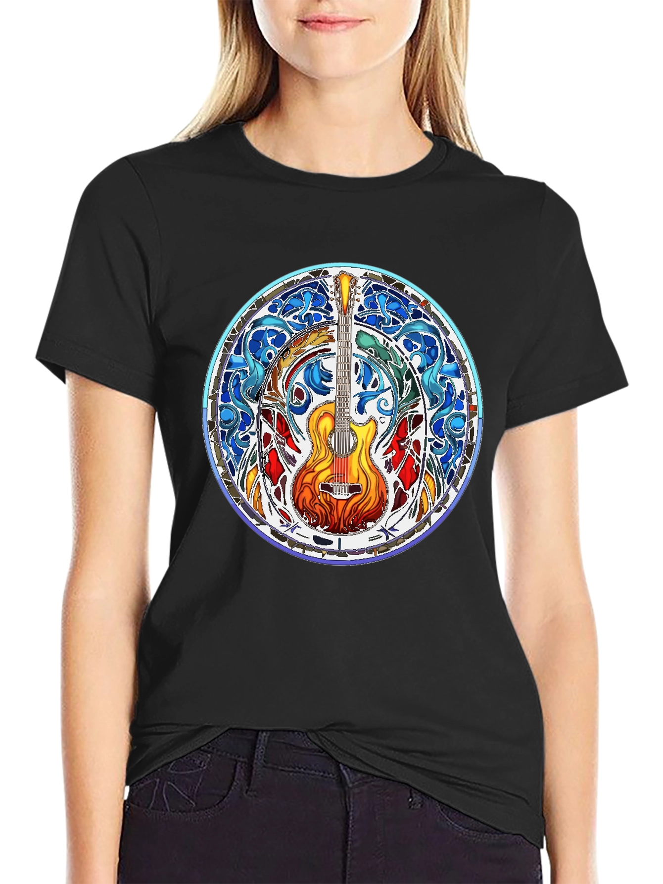Stained Glass Guitar Tee - Musical Art Shirt