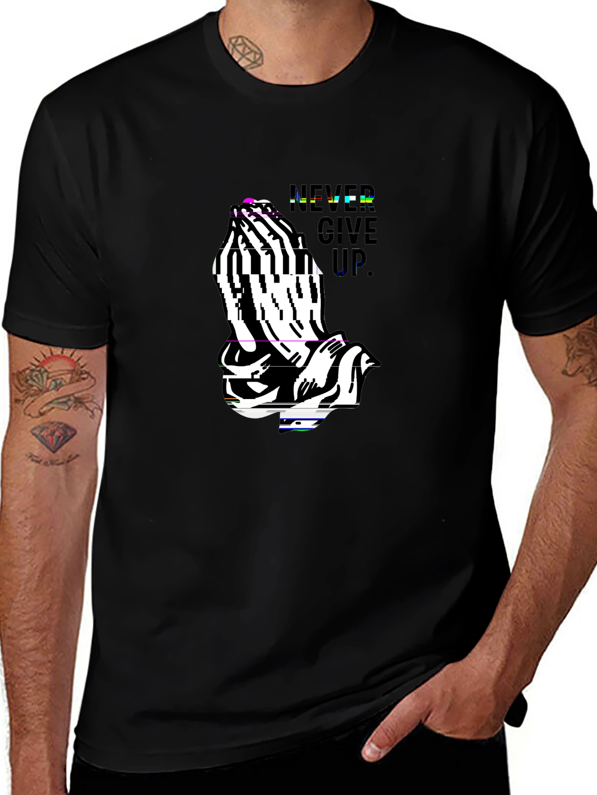 Faith Over Fear Tee – Praying hands, 'NEVER