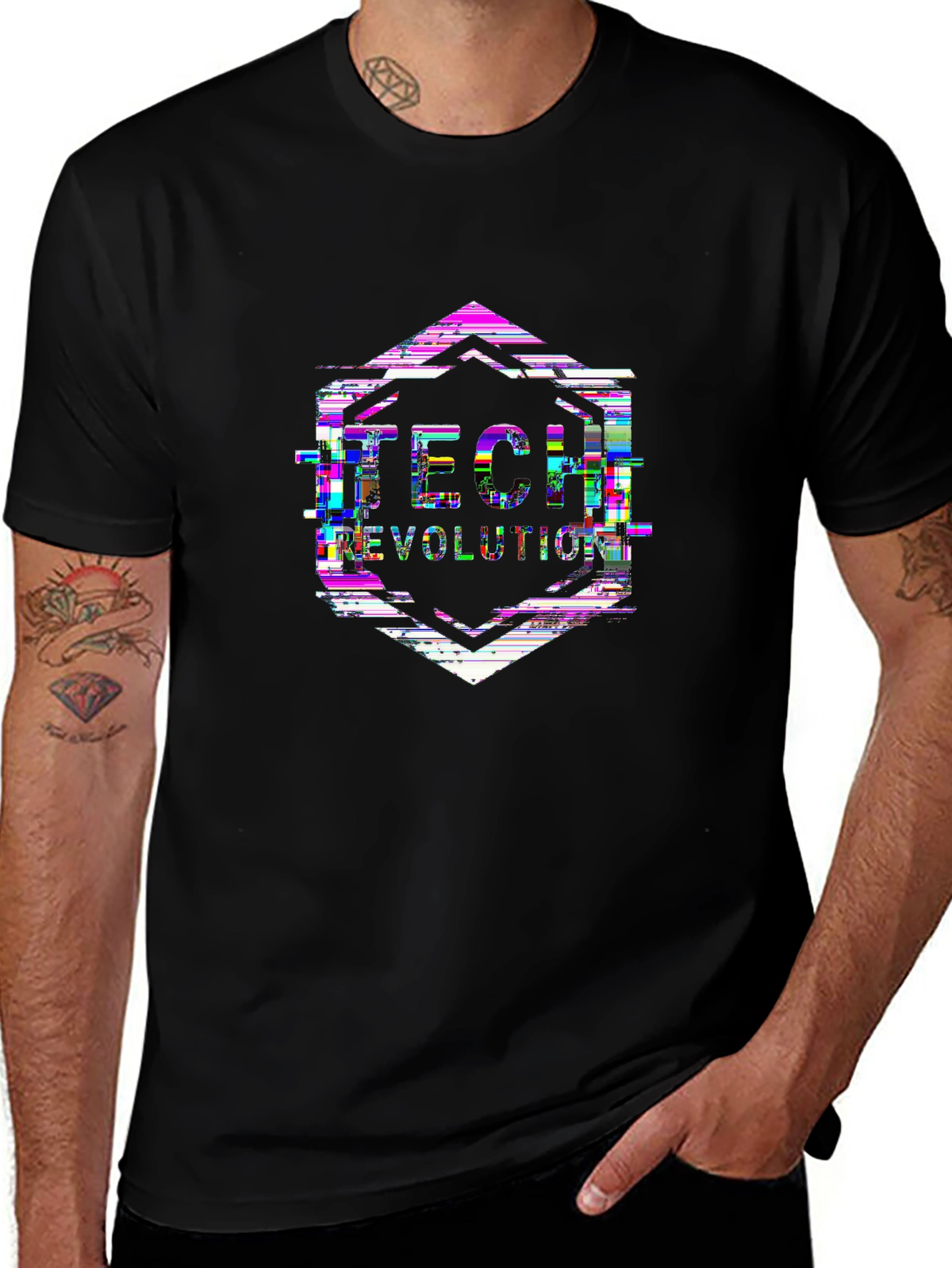 Future Tech Tee – Glitch effect hexagon