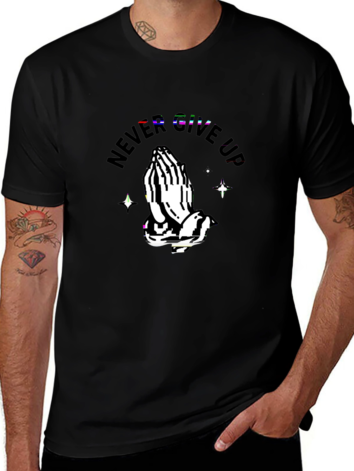 Faith Over Fear Tee – Praying hands, 'NEVER