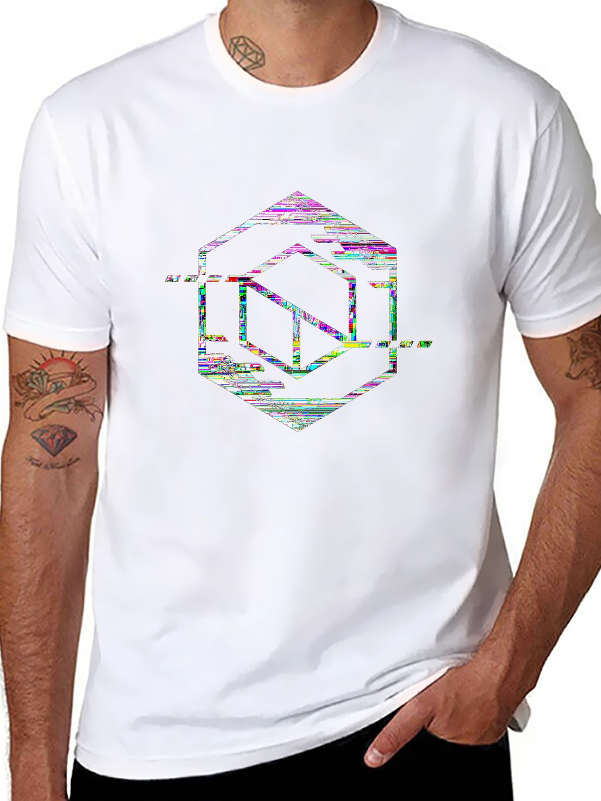 Future Tech Tee – Glitch effect hexagon