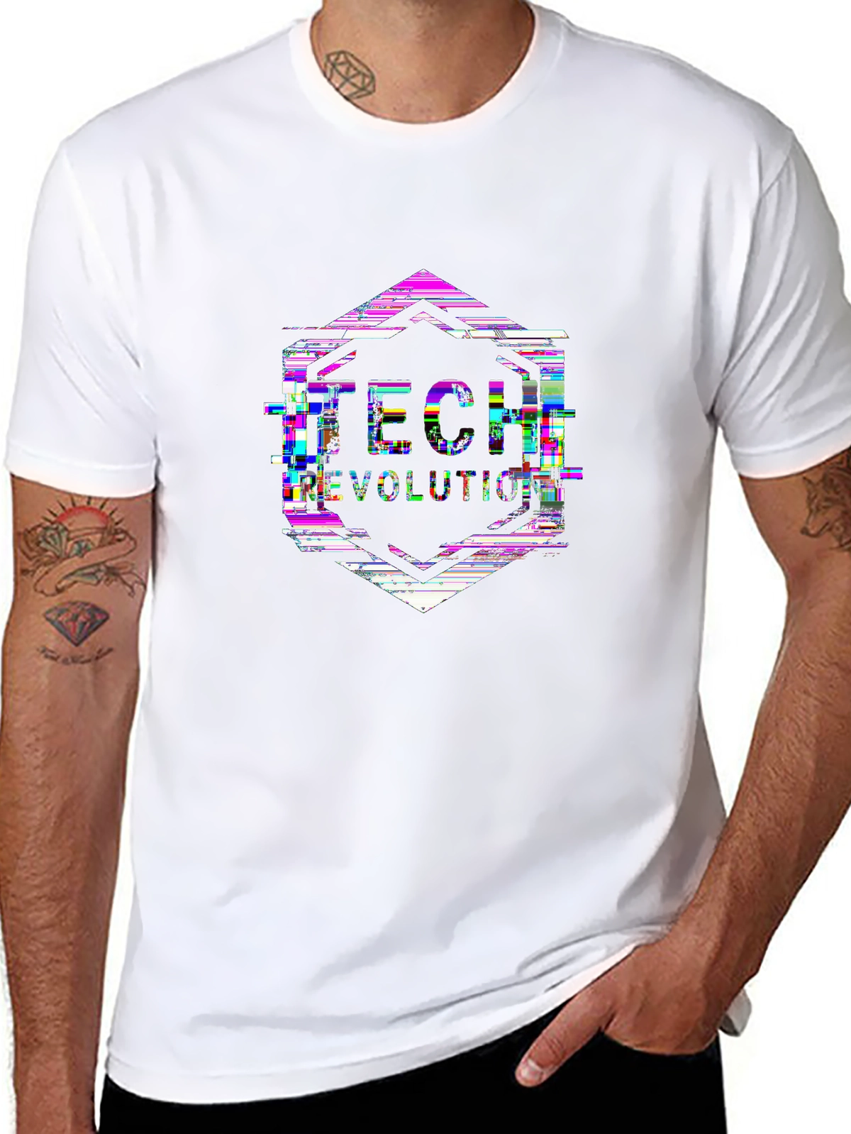 Future Tech Tee – Glitch effect hexagon