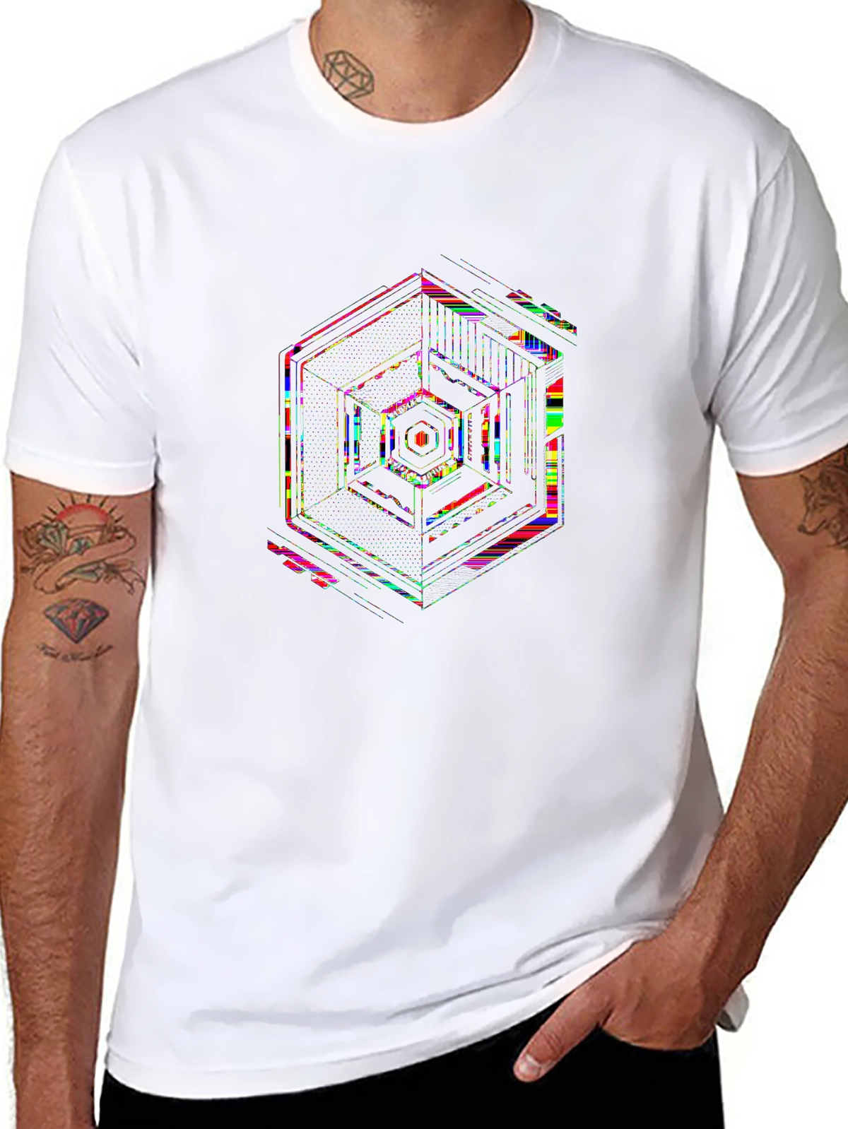 Future Tech Tee – Glitch effect hexagon
