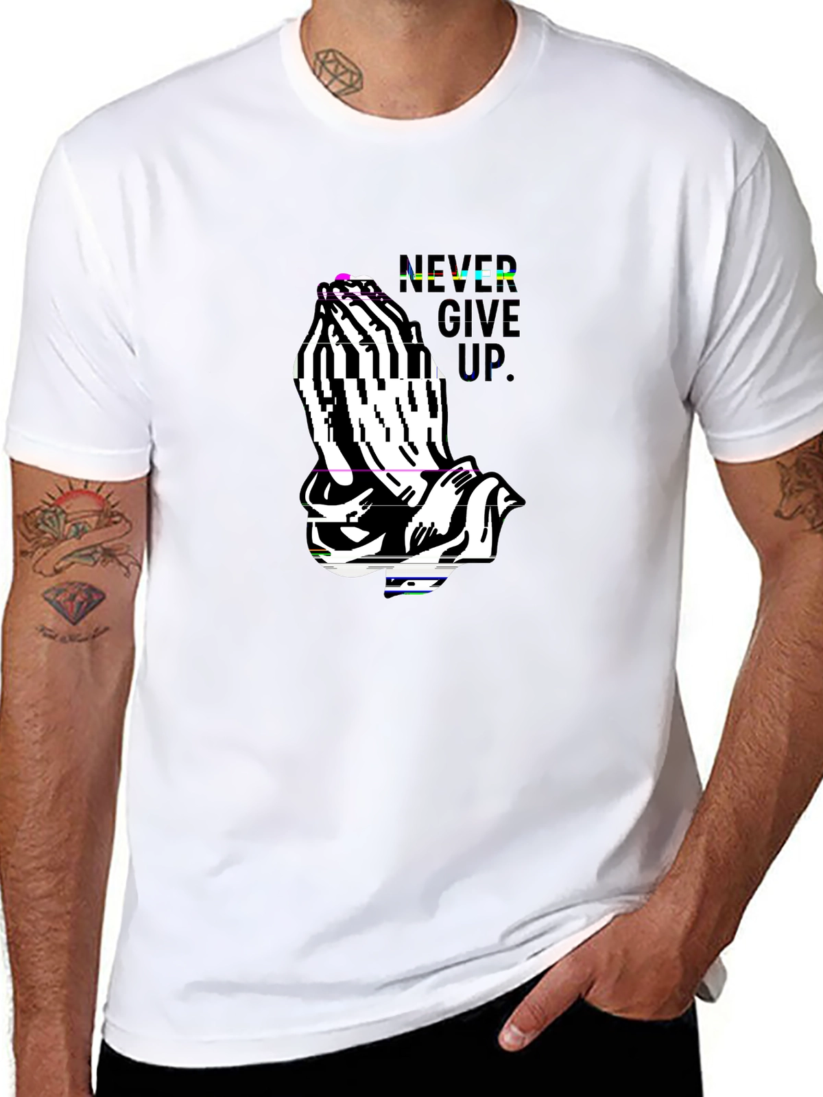Faith Over Fear Tee – Praying hands, 'NEVER