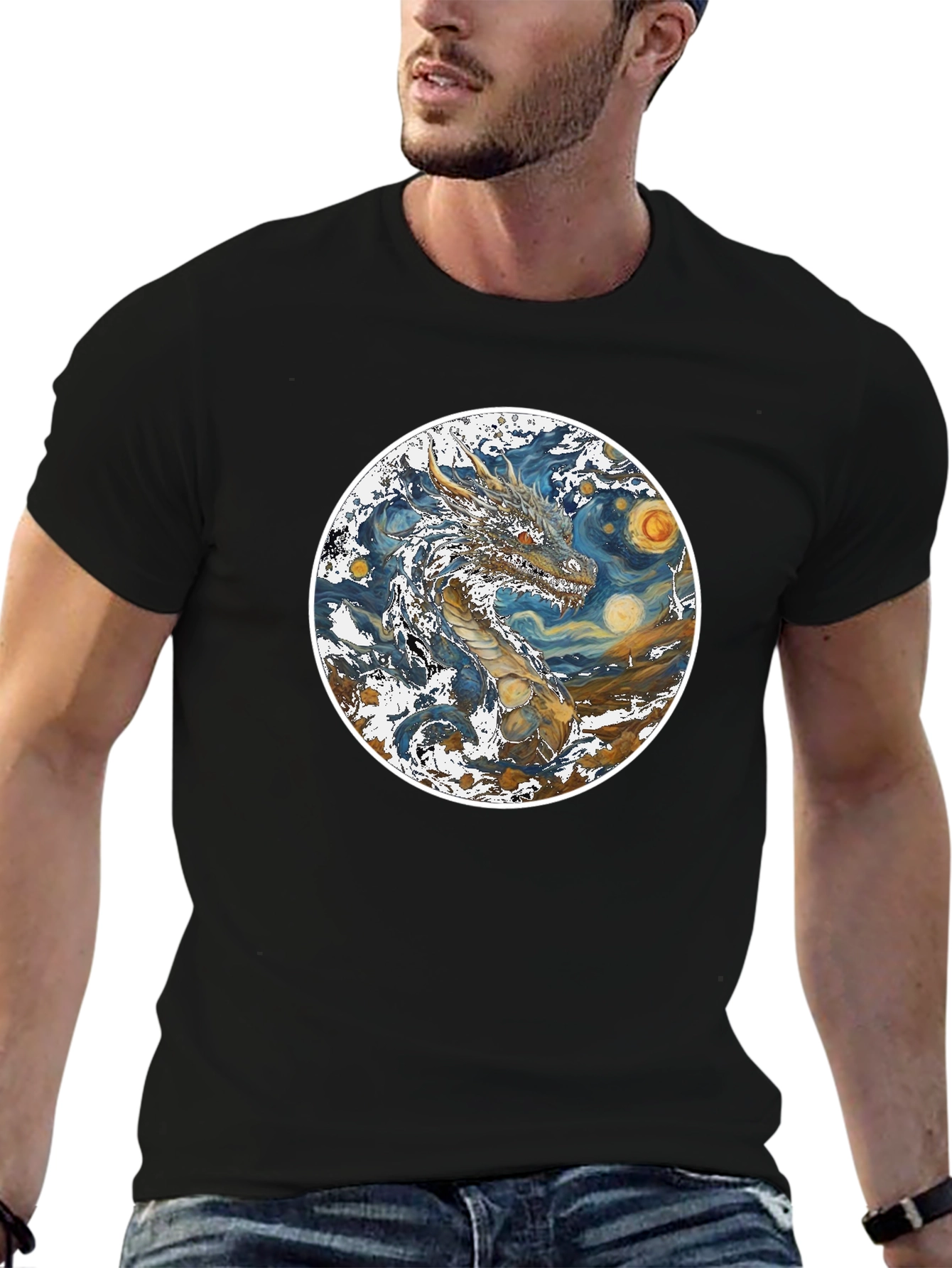 Dragon Starry Night Graphic Tee - Artistic Mens T-Shirt