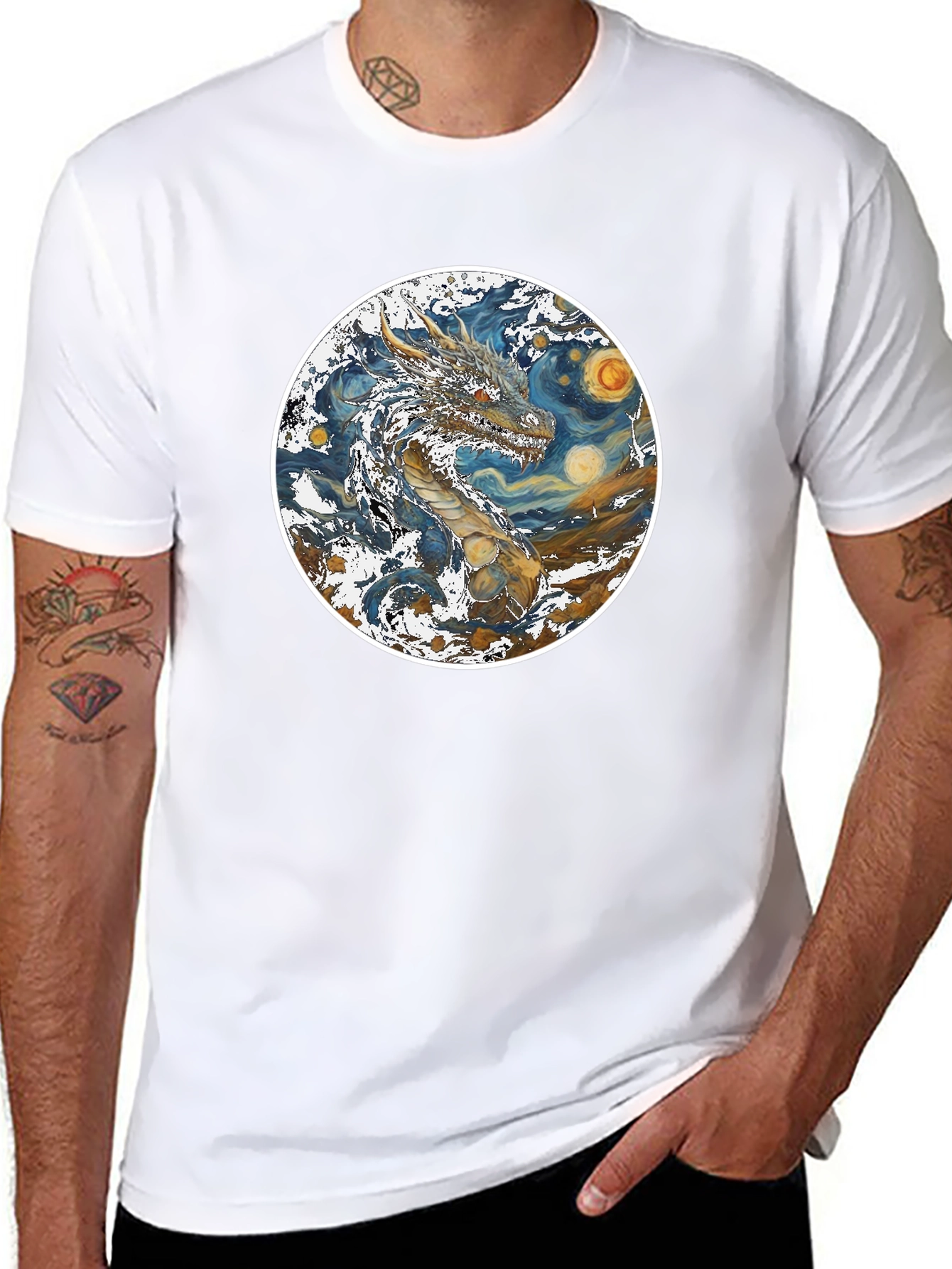 Dragon Starry Night Graphic Tee - Artistic Mens T-Shirt