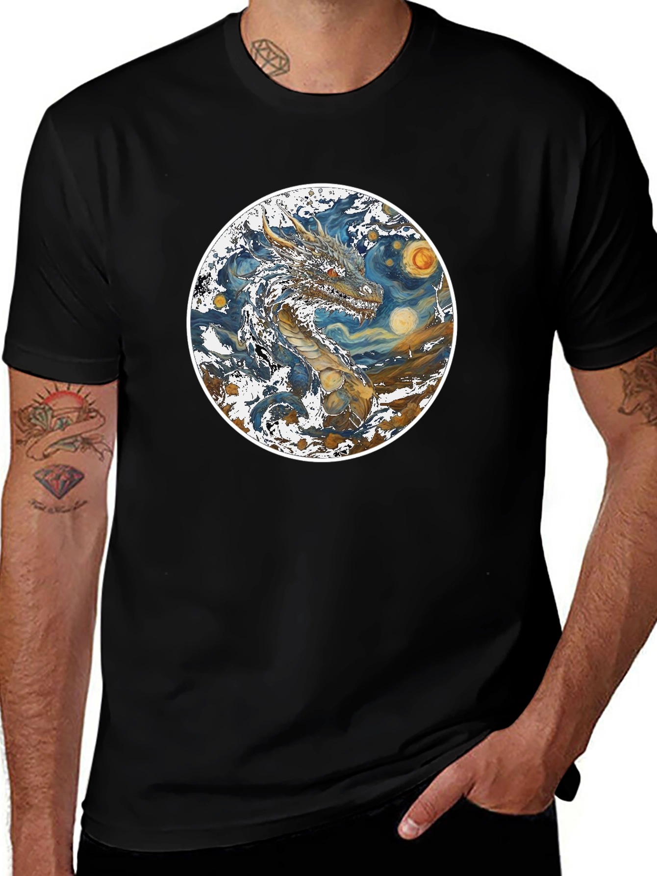 Dragon Starry Night Graphic Tee - Artistic Mens T-Shirt