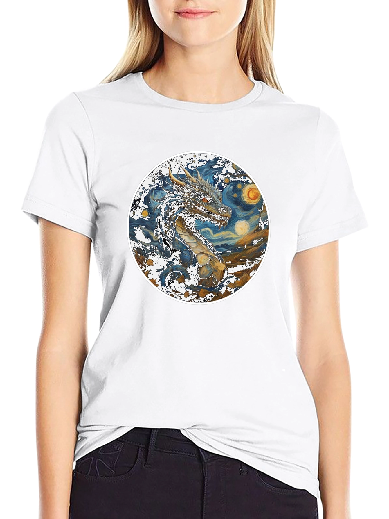 Dragon Starry Night Graphic Tee - Artistic Mens T-Shirt