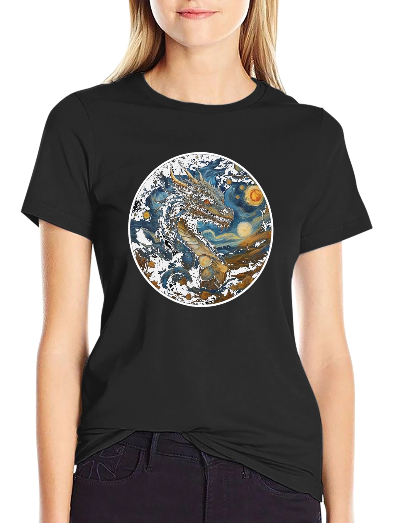 Dragon Starry Night Graphic Tee - Artistic Mens T-Shirt