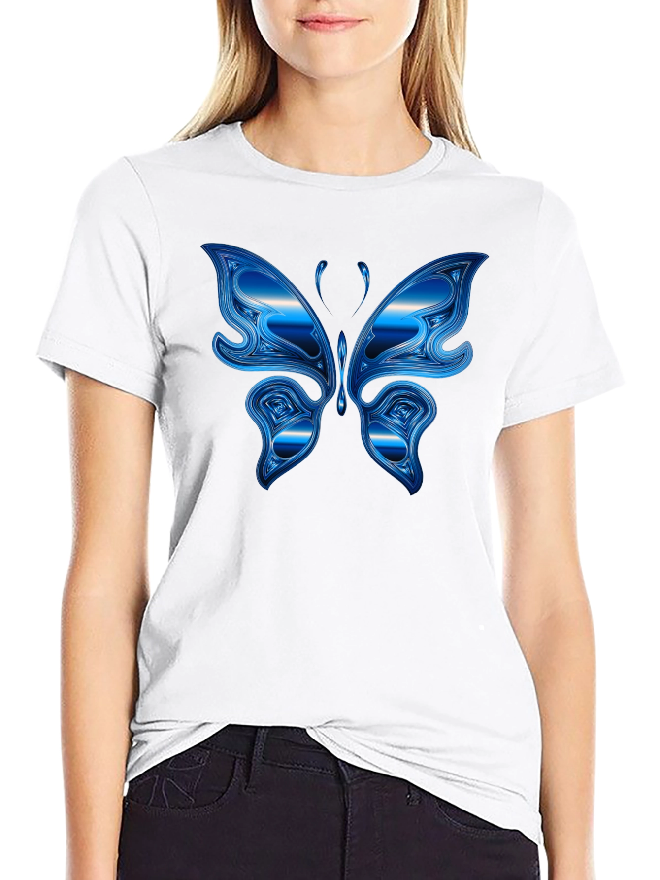 Blue Butterfly Graphic Black T-Shirt