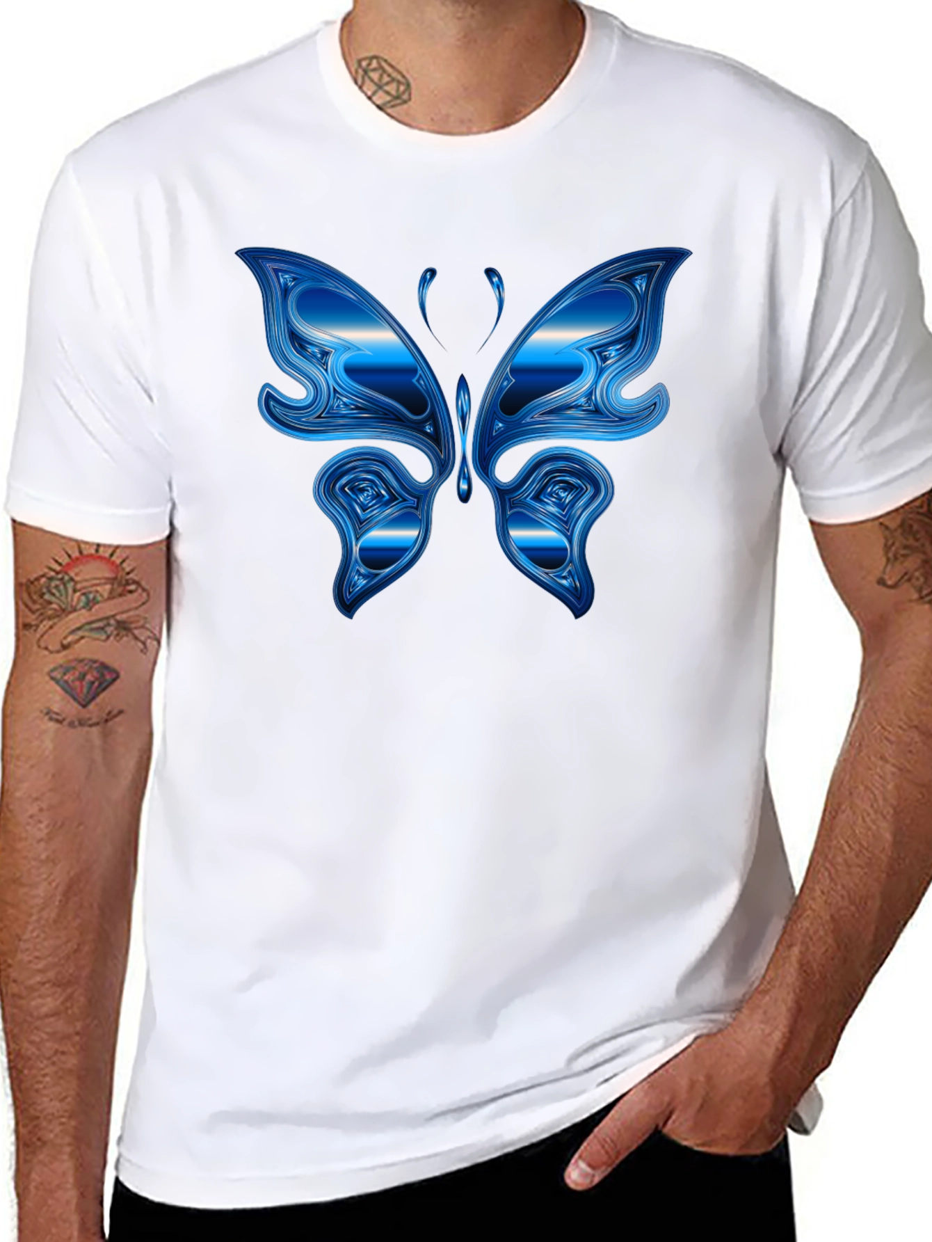 Blue Butterfly Graphic Black T-Shirt