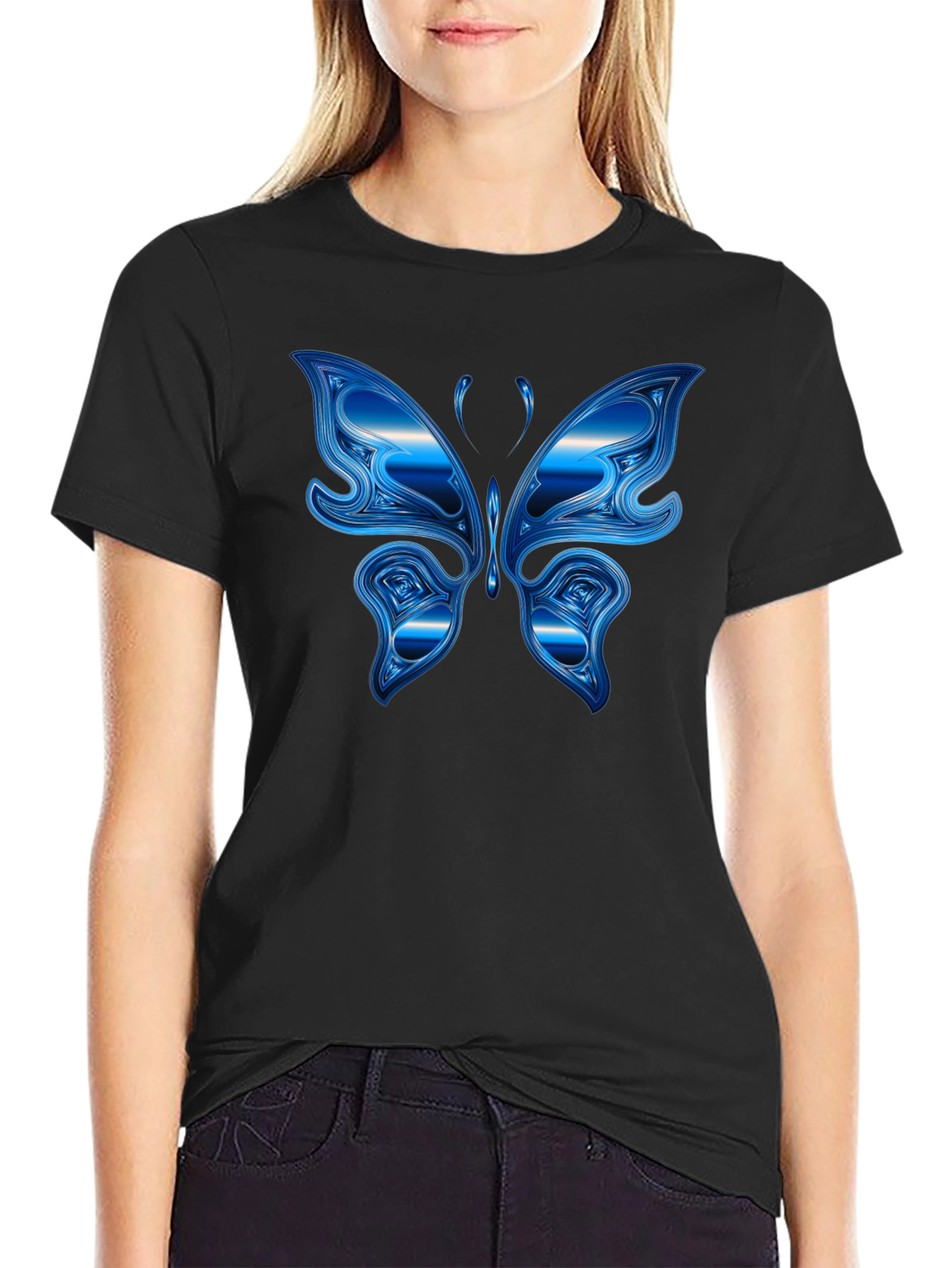 Blue Butterfly Graphic Black T-Shirt