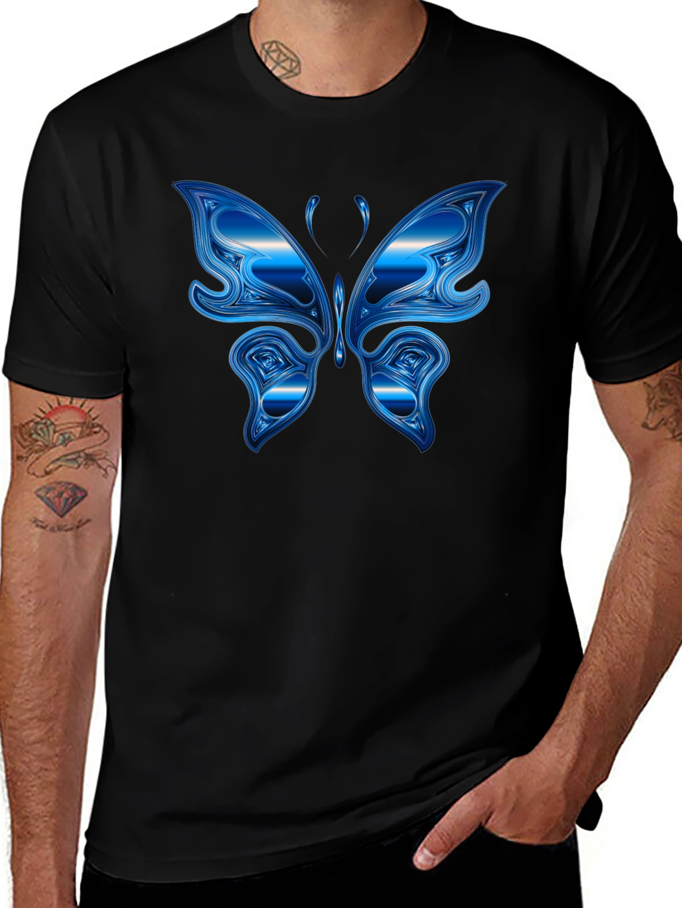 Blue Butterfly Graphic Black T-Shirt